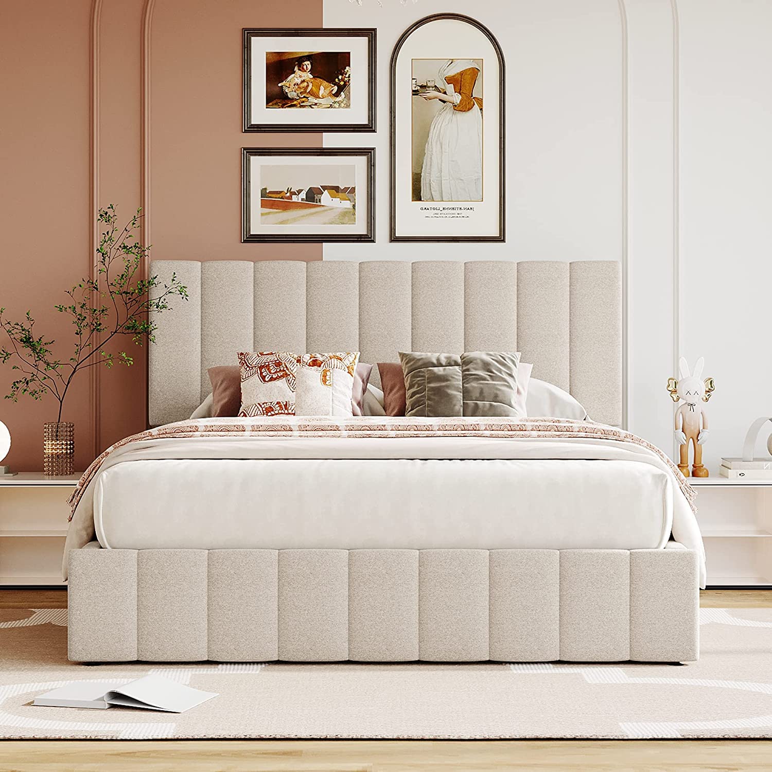 Queen Upholstered Platform Bed with Hydraulic Storage & Tufted Headboard - Beige Wooden Bed Frame with Underbed Storage | Perfect for Small Bedrooms, Guest Rooms & Space-Saving Solutions