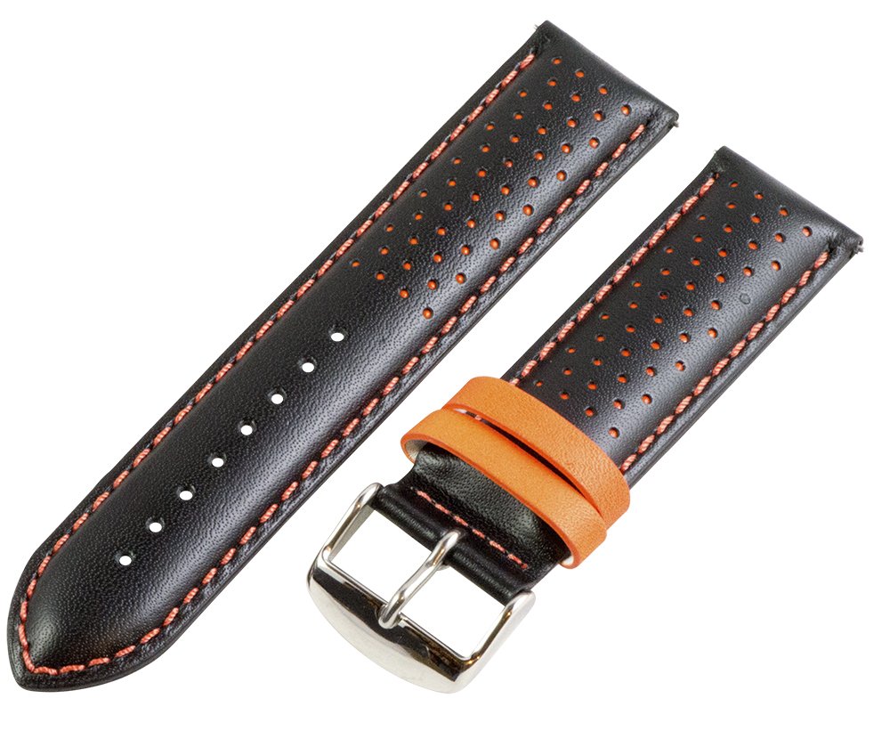 22mm Black & Orange Perforated Leather Watch Band - Interchangeable Rally Strap by Clockwork Synergy | Durable Replacement Strap for Sports Watches, Racing & Outdoor Activities