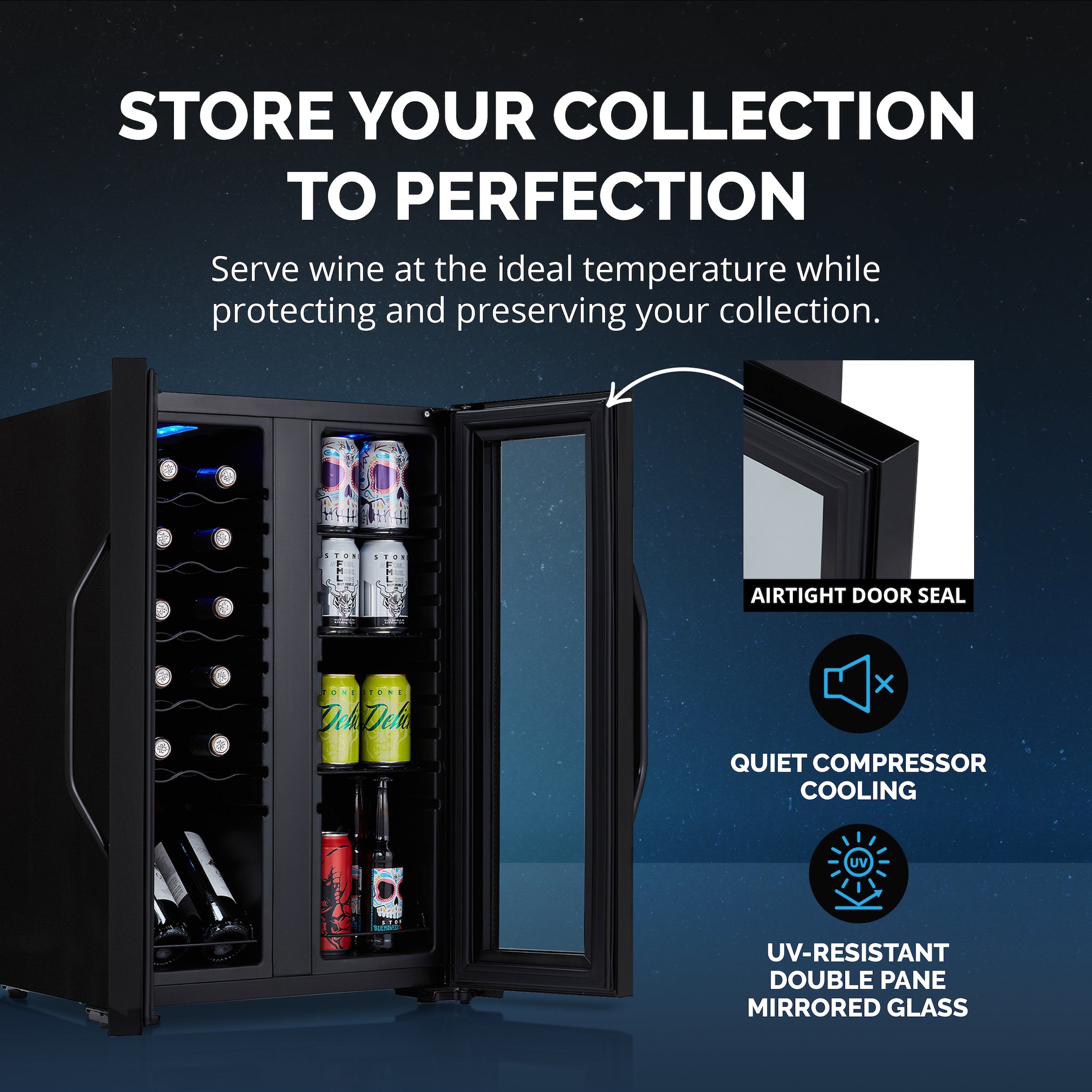 Newair® 39 Can, 12 Bottle Freestanding Dual Zone Beverage Refrigerator - Compact Wine & Beer Cooler for Home, Office, or Bar - Perfect for Chilling Drinks and Storing Beverages