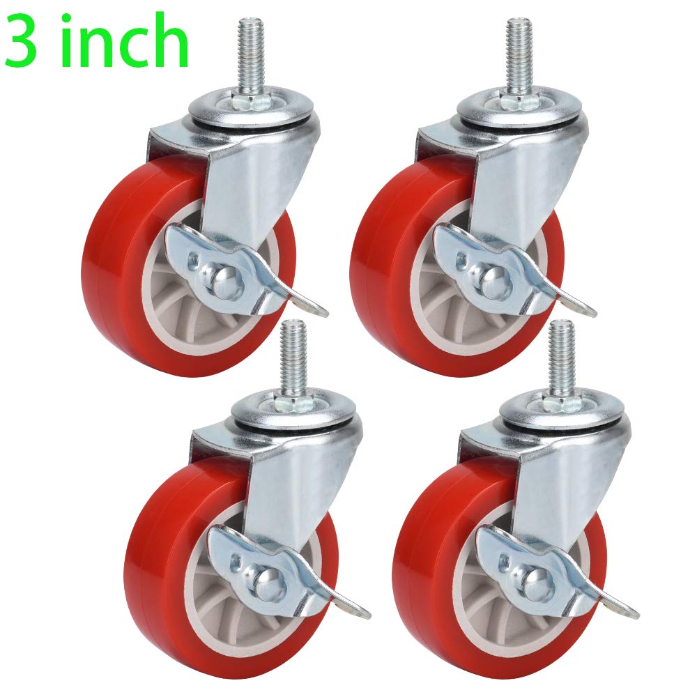 DICASAL 3 Inch Heavy Duty Swivel Casters with 3/8-16x25mm Stem Thread - Red PVC Wheels for Furniture, Carts & DIY Tools (4 Pack) | Durable, Wear-Resistant Castors for Workshop, Garage & Industrial Use