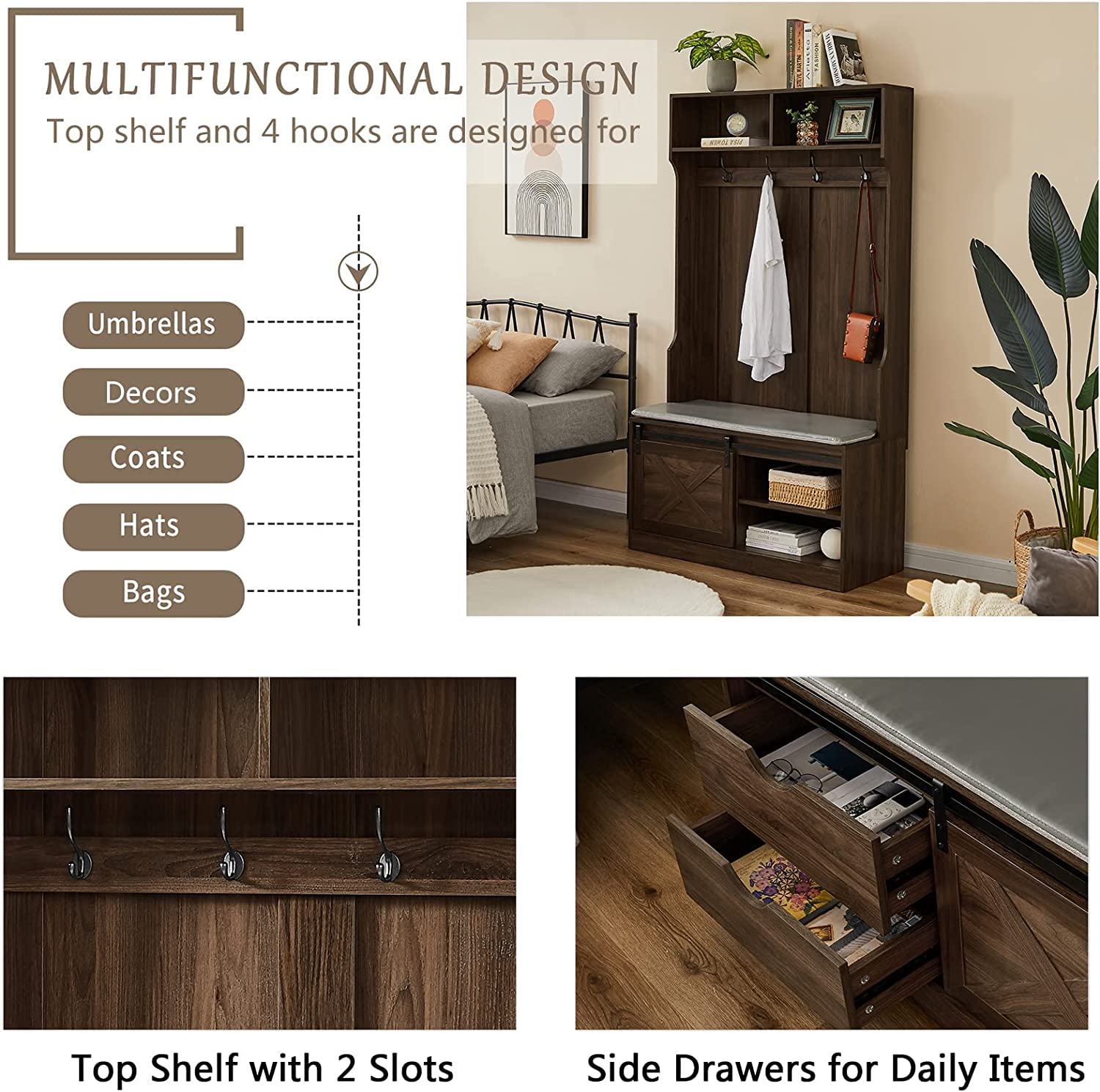 Betoko 71 Inch Farmhouse Entryway Hall Tree with Bench, Coat Racks & Sliding Barn Door - Wooden Mudroom Storage Bench with Drawers, Walnut Finish - Perfect for Entryway, Foyer & Home Organization