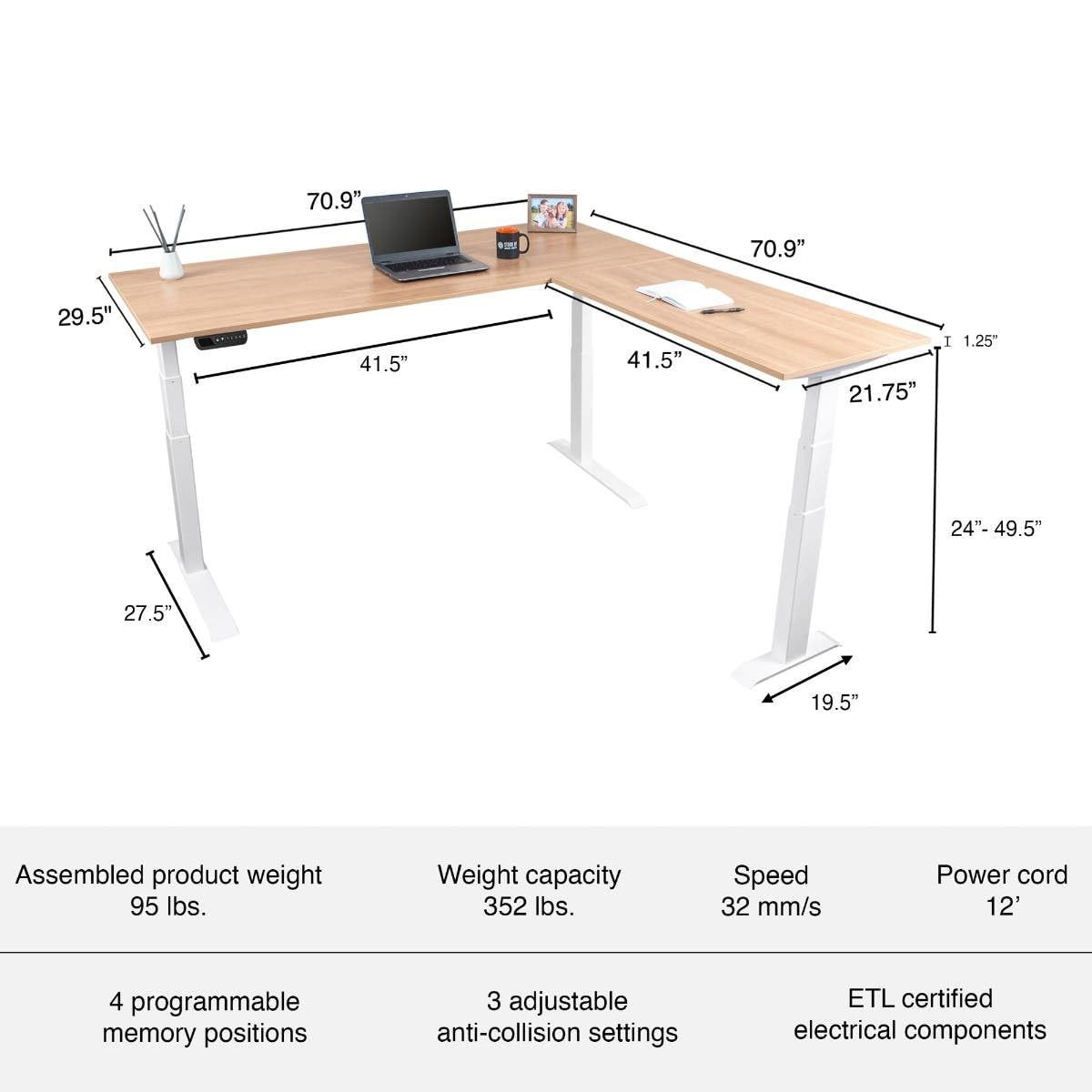 Triple Motor Electric L-Shaped Corner Standing Desk - White Frame with Natural Walnut Top (71
