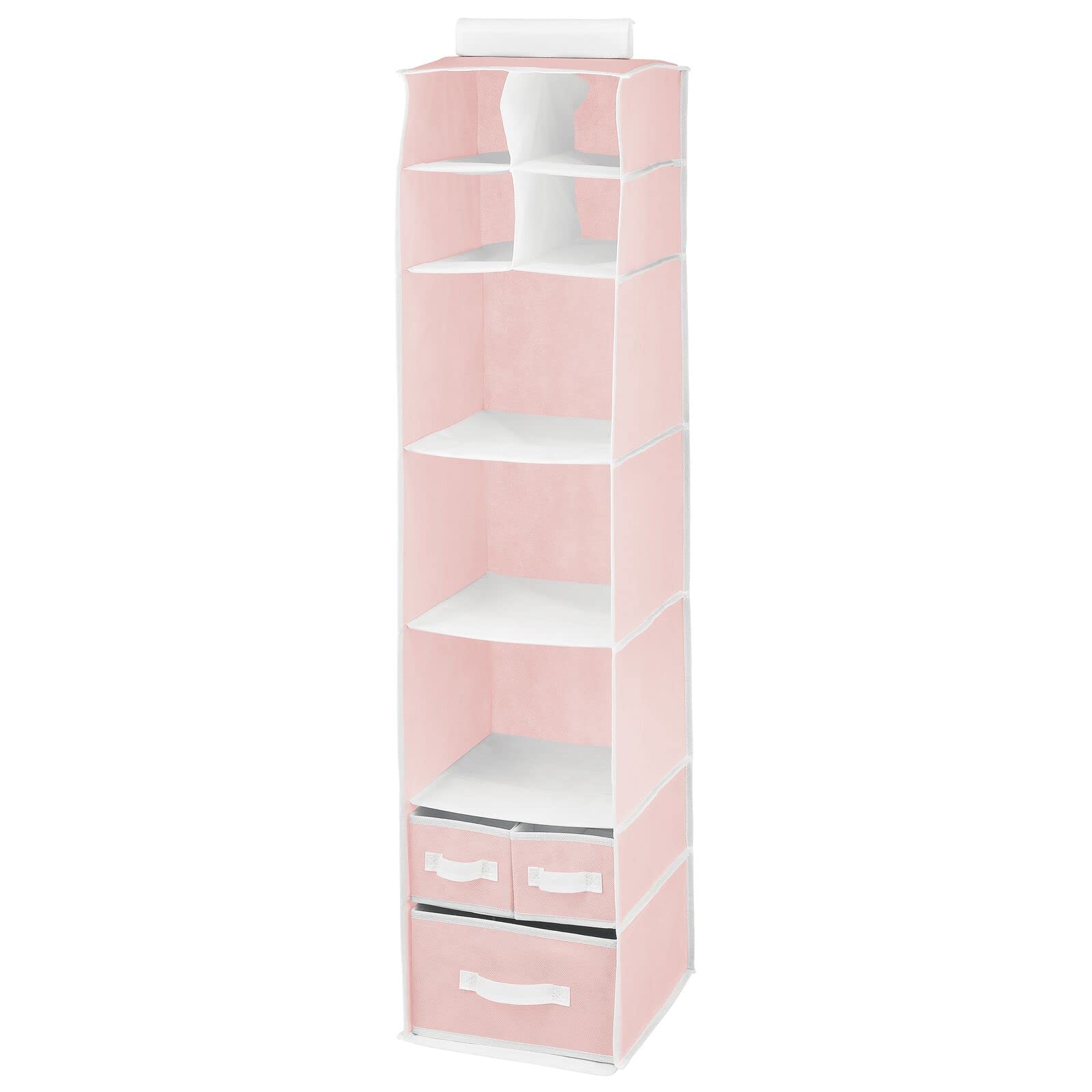 mDesign Fabric Hanging Organizer - 7 Shelves & 3 Drawers for Baby Nursery & Bedroom - Pink/White Jane Collection - Perfect for Clothes, Toys & Accessories Storage