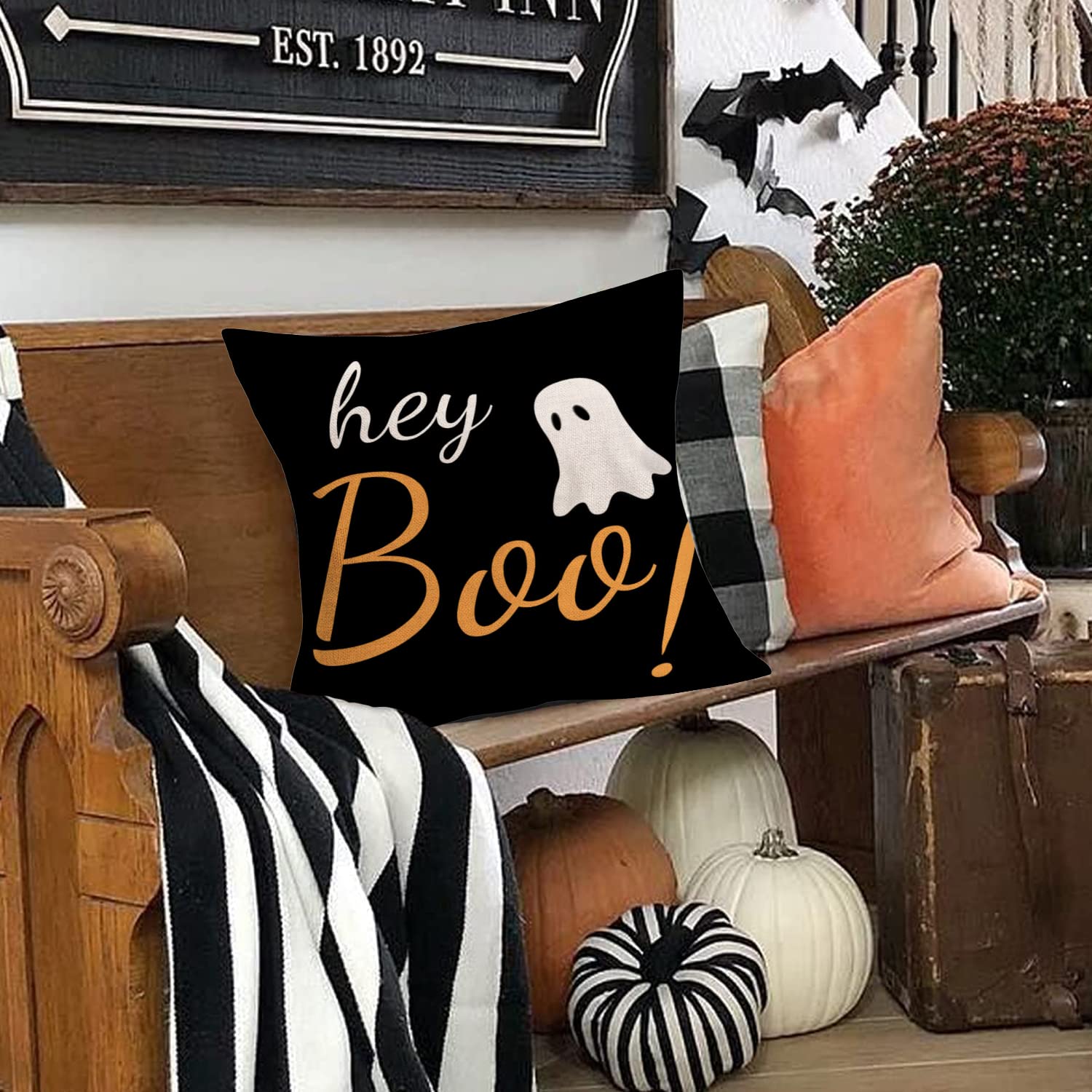 Spooky Halloween Ghost Throw Pillow Covers 18x18 Inch - Orange Black White Cotton Linen Cushion Covers for Scary Home Decor, Perfect for Living Room Sofa, Bedroom & Halloween Party Decorations