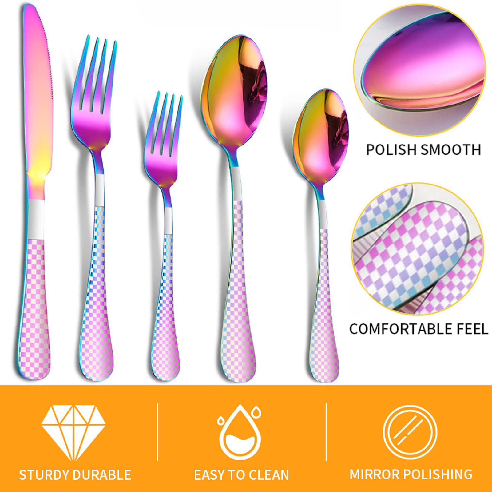 20-Piece Stainless Steel Flatware Set for 4 - Knives, Forks & Spoons with Colorful Plaid Print - Dishwasher Safe Silverware Set - Perfect for Dinner Parties, Family Meals & Everyday Dining