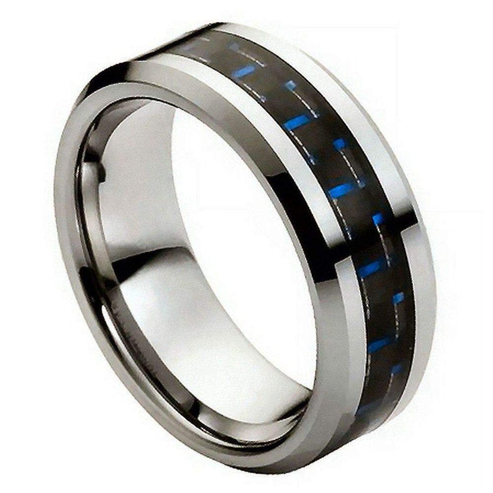 Premium Tungsten Blue Carbon Fiber Inlay Beveled Edge Band Ring for Men - Durable Wedding Band, Anniversary Gift, Fashion Jewelry for Everyday Wear