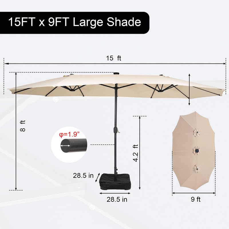 15ft Large Outdoor Patio Umbrella with Heavy Duty Base & Protective Cover - Double-Sided Sun Shade for Pool, Garden, Backyard, and Beach Relaxation