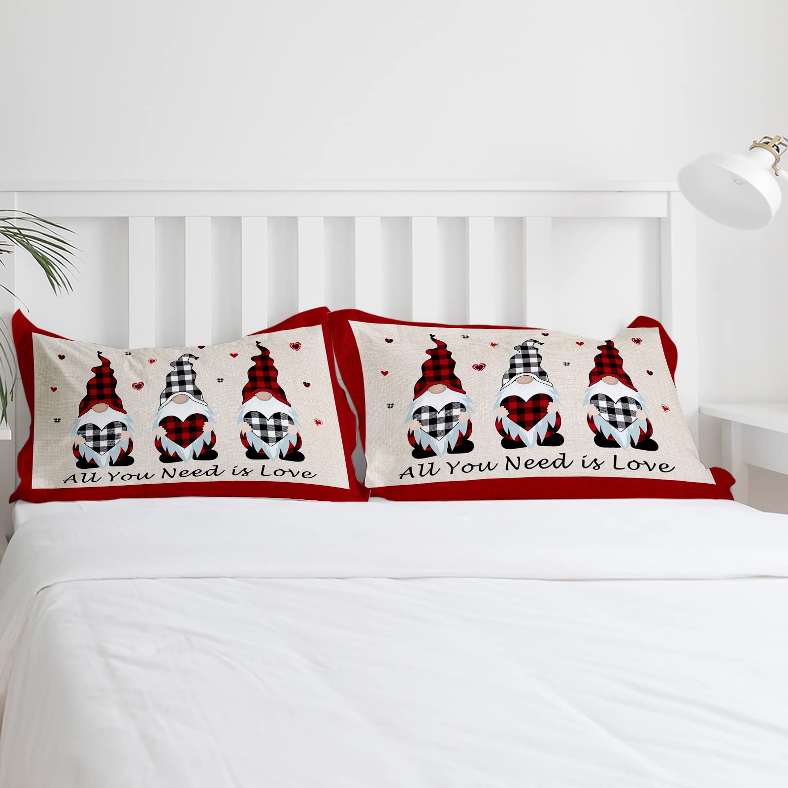 Seven Roses 4-Piece Gnome Bedding Set - Full Size Quilt Cover, Soft Bed Sheets & Pillowcases, Checkered Burlap Texture - Perfect for Valentine's Day, Cozy Bedroom Decor & Gift Ideas