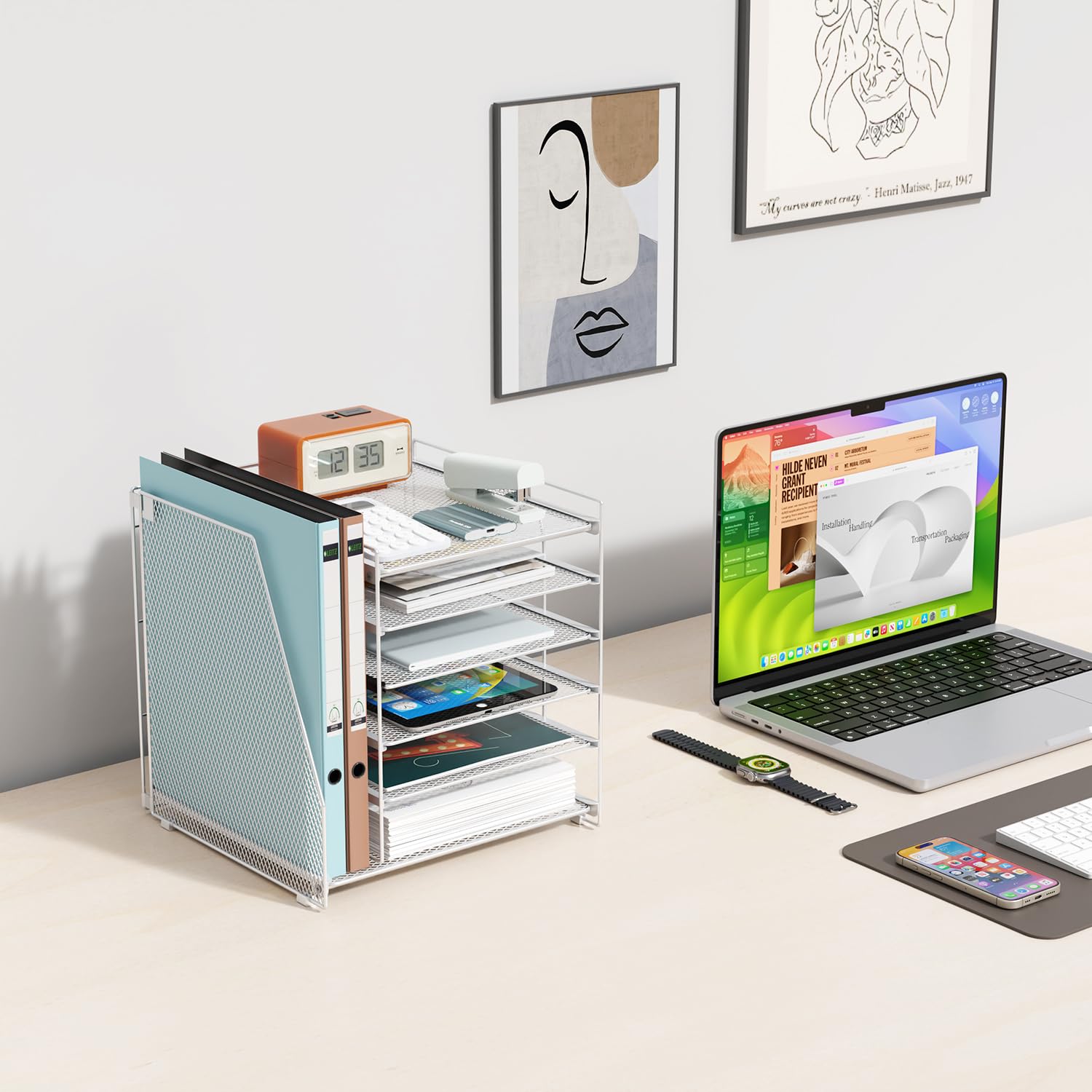 Gianotter 6-Tier Desk Organizer with Magazine Rack - White Office Desk Accessories for Paper, Files & Stationery - Perfect for Home Office, Workspace & School Organization