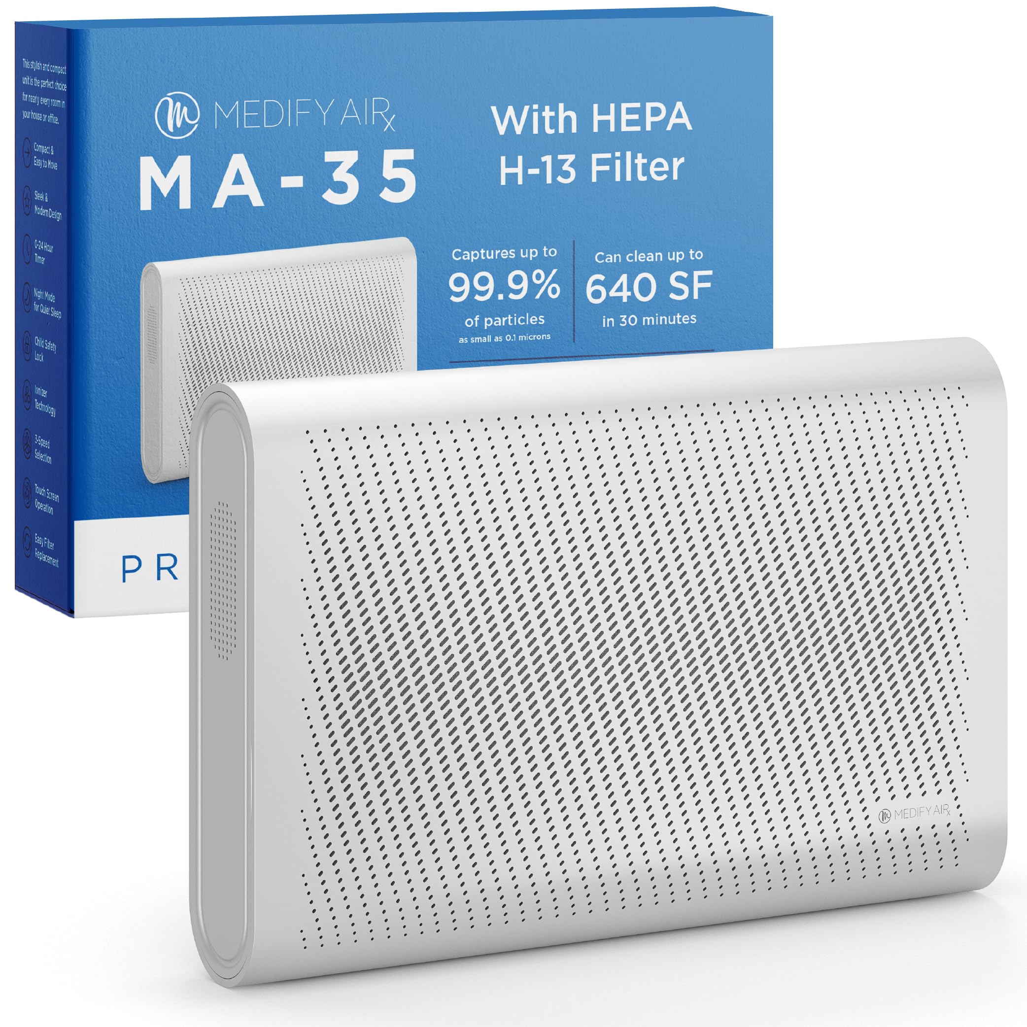 Medify MA-35 Air Purifier with True HEPA H13 Filter – Covers 1,280 sq ft in 1 Hour | Removes 99.9% of Allergens, Smoke, Wildfire Particles, Odors, Pollen & Pet Dander | Ultra Quiet Operation | Silver | Perfect for Bedrooms, Living Rooms & Offices