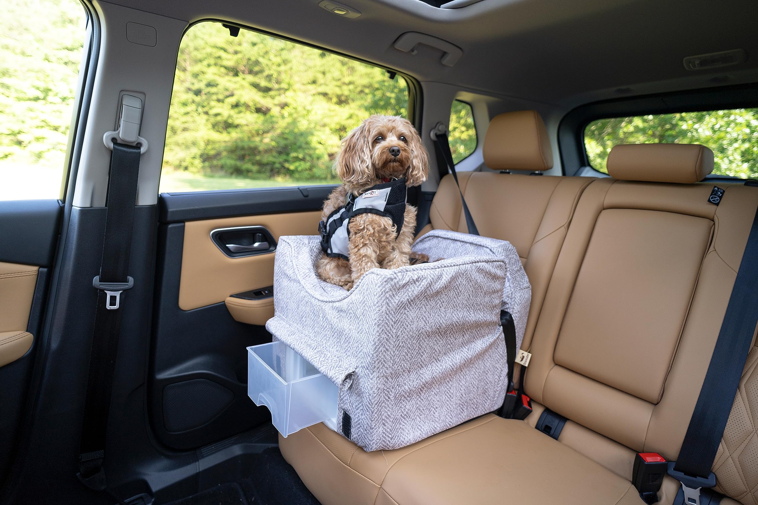 Snoozer Lookout II Small Dog Car Seat with Storage Tray - Pet Car Booster for Small Dogs 0-15 lbs, Palmer Dove Fabric, Washable Cover - Perfect for Travel, Road Trips & Preventing Car Sickness in Dogs