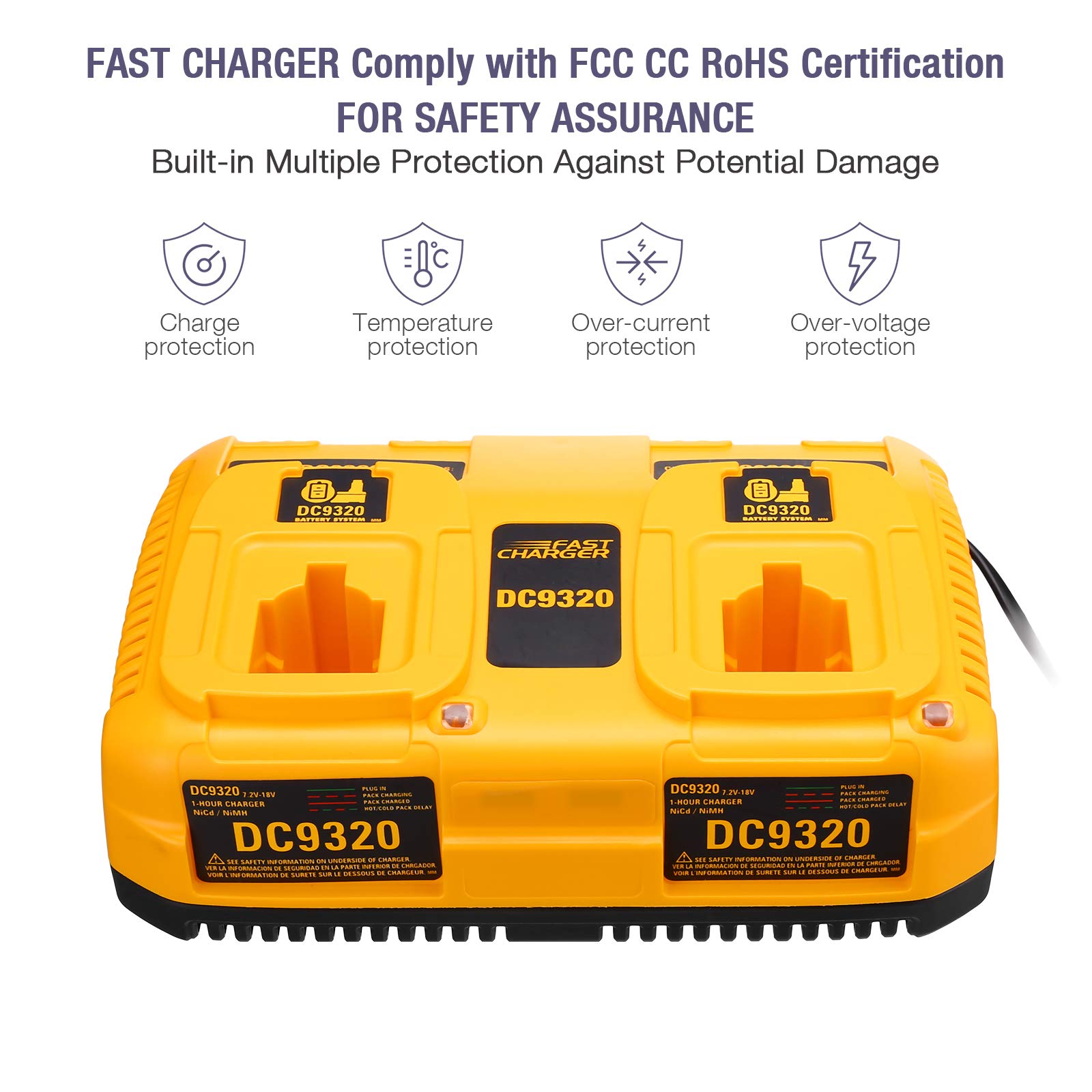 7.2V-18V Dual Port Fast Battery Charger for Dewalt DC9098 DC9099 DW9099 - Replacement for 18V 14.4V 12V 9.6V NiCd/NiMH Pod Style Batteries - Power Tools Charging Station for Drills, Saws & Cordless Tools