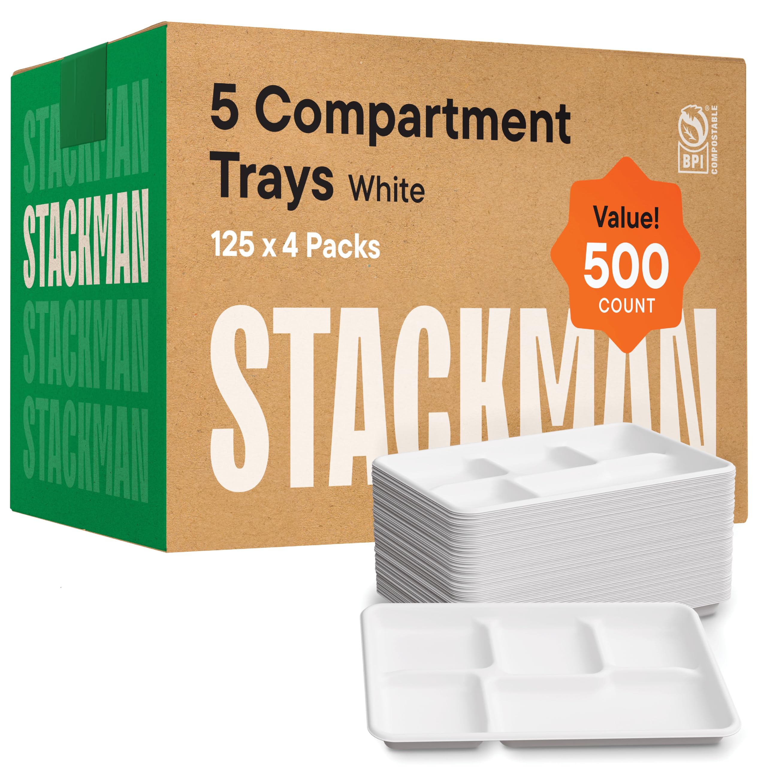 500-Pack 100% Compostable 5-Compartment Disposable Paper Plates - Eco-Friendly School Lunch Trays 8