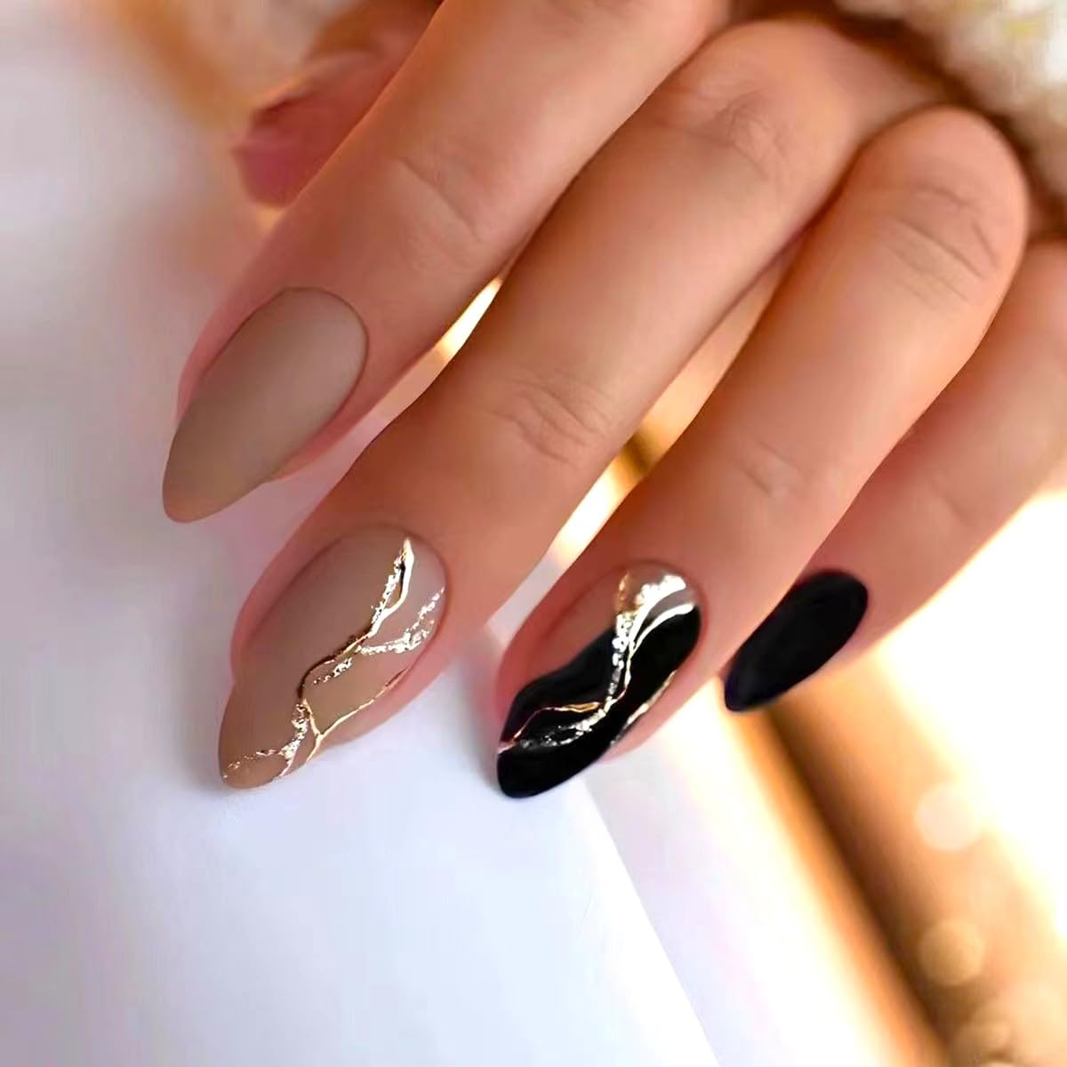 Bows And Knots Press On Nails Kit - 24 Fake Nails with Gel Glue, Nail Tape, Mini File & Manicure Stick in Beige Noir | Perfect for Parties, Weddings & Special Occasions