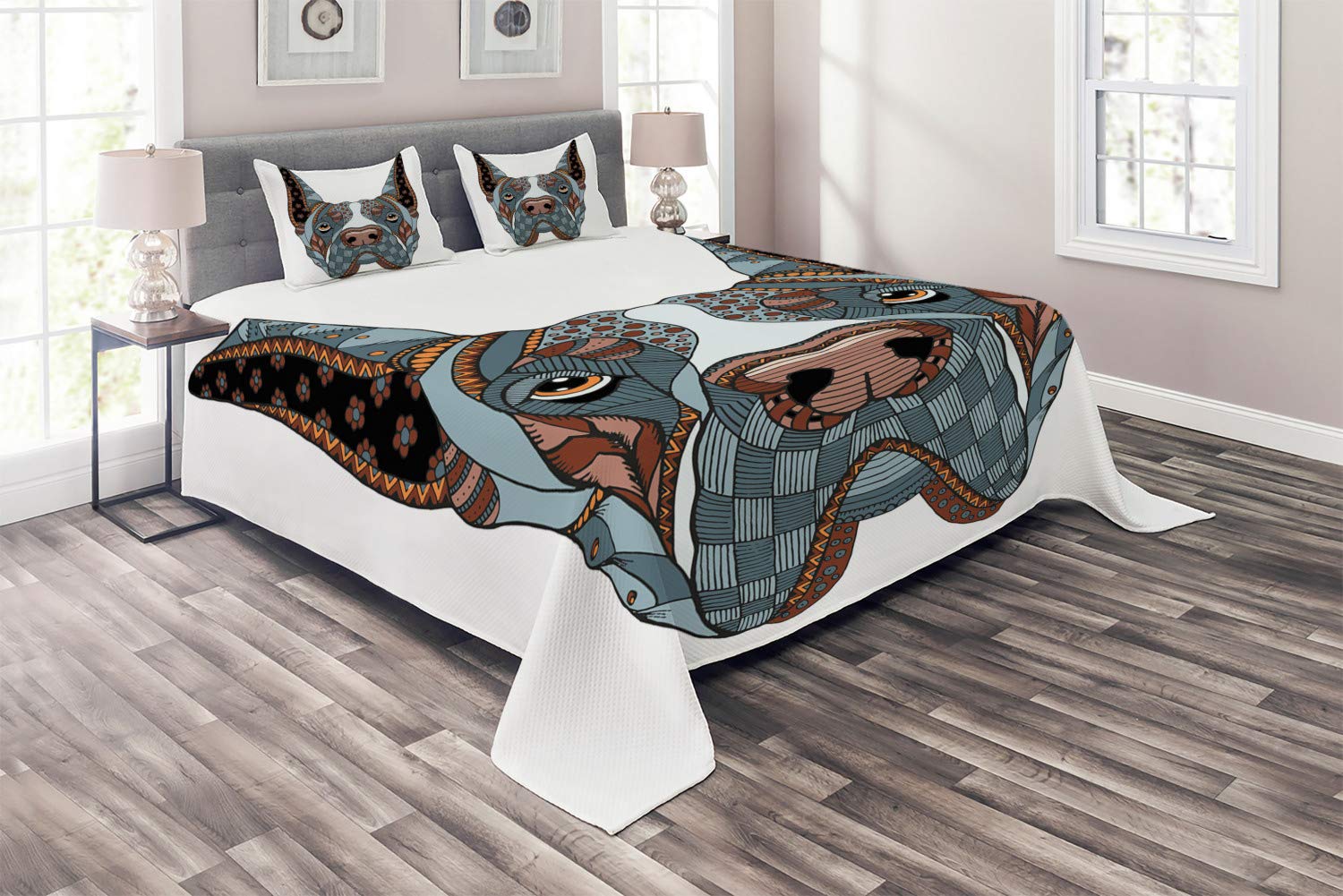 Ambesonne Dog Lover 3-Piece Quilted Bedspread Set - King Size Floral Zentangle Abstract Dog Design with 2 Pillow Shams, Multicolor | Perfect for Pet Lovers' Bedroom Decor & Cozy Home Styling
