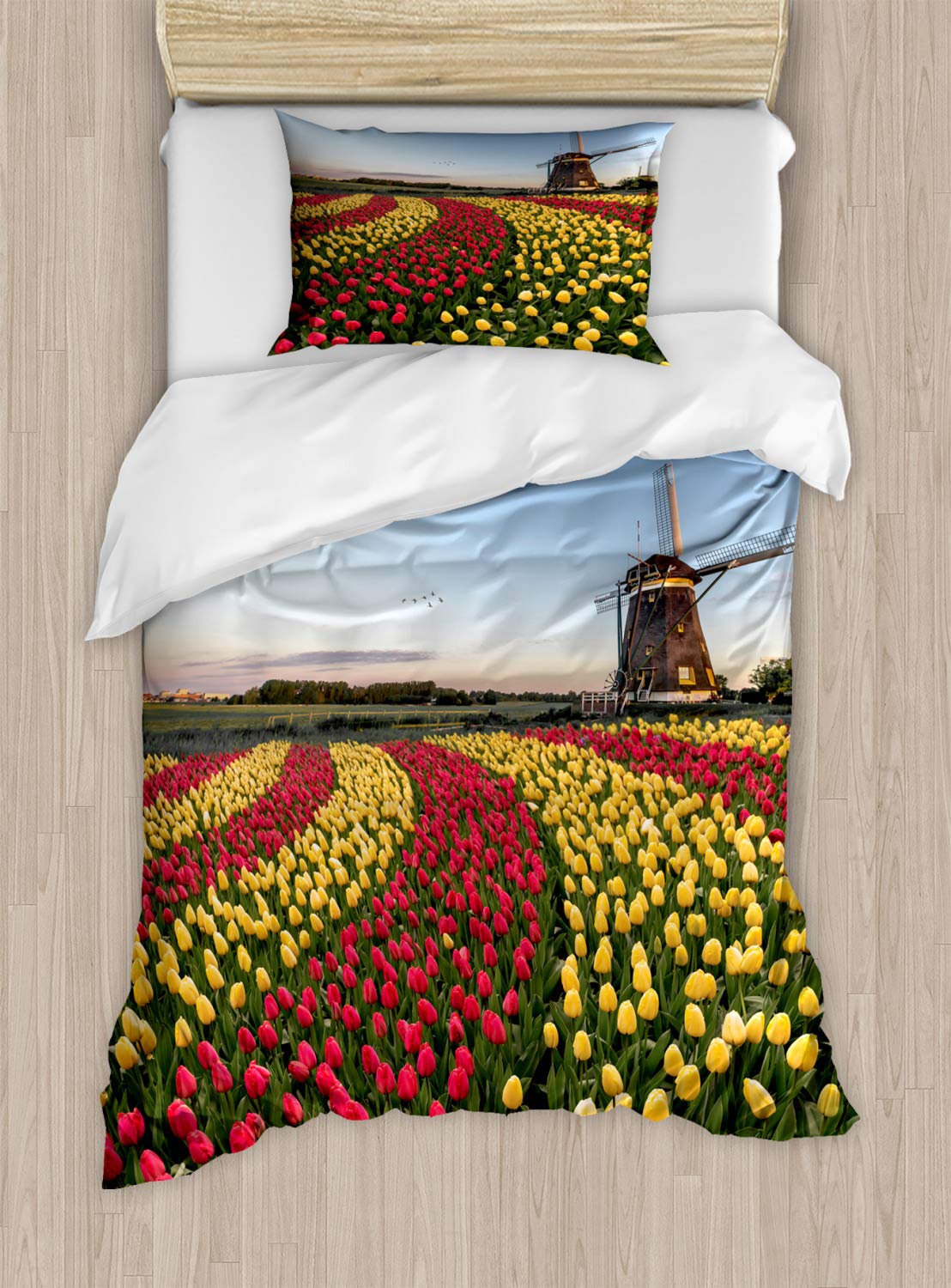 Ambesonne Amsterdam Duvet Cover Set - Spring Tulip Fields & Windmill Landscape Design, 2-Piece Twin Size Bedding with Pillow Sham, Multicolor Floral Pattern | Perfect for Spring Bedroom Decor, Guest Room Makeover & Dutch Theme Home Styling