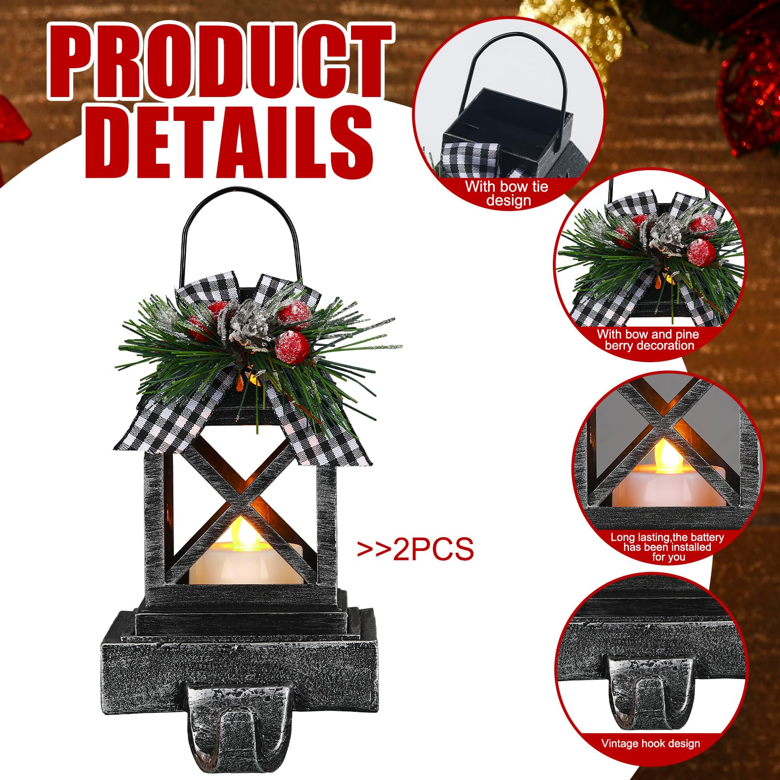 Therwen 2-Pack Christmas Stocking Holders - Classic Black Retro Lantern Hangers with Lights for Fireplace Mantel - Indoor/Outdoor Holiday Decor for Home, Party & Gift Giving