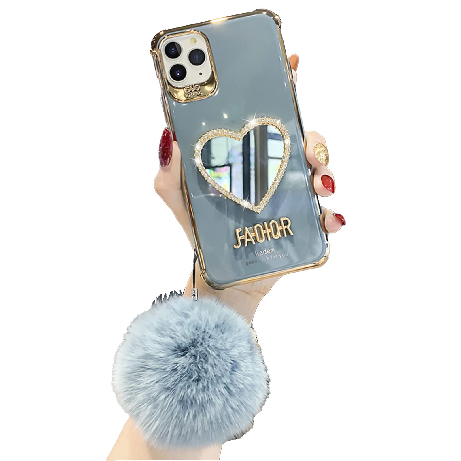 Luxury Bling Heart-Shaped iPhone 11 Case with Makeup Mirror - Girly Cute Shining Protective Phone Cover for Women (Blue) | Perfect for Parties, Dates & Selfies