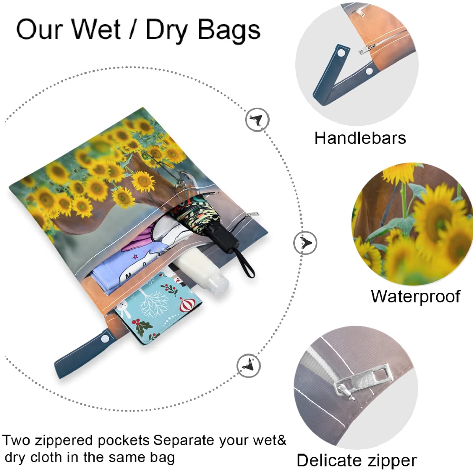 Visesunny Red Horse Sunflower 2Pcs Wet Bags with Zippered Pockets - Washable & Reusable Waterproof Storage for Travel, Beach, Pool, Daycare, Stroller, Diapers, Gym Clothes, Swimsuits & Toiletries - Perfect for Moms, Kids & Outdoor Activities