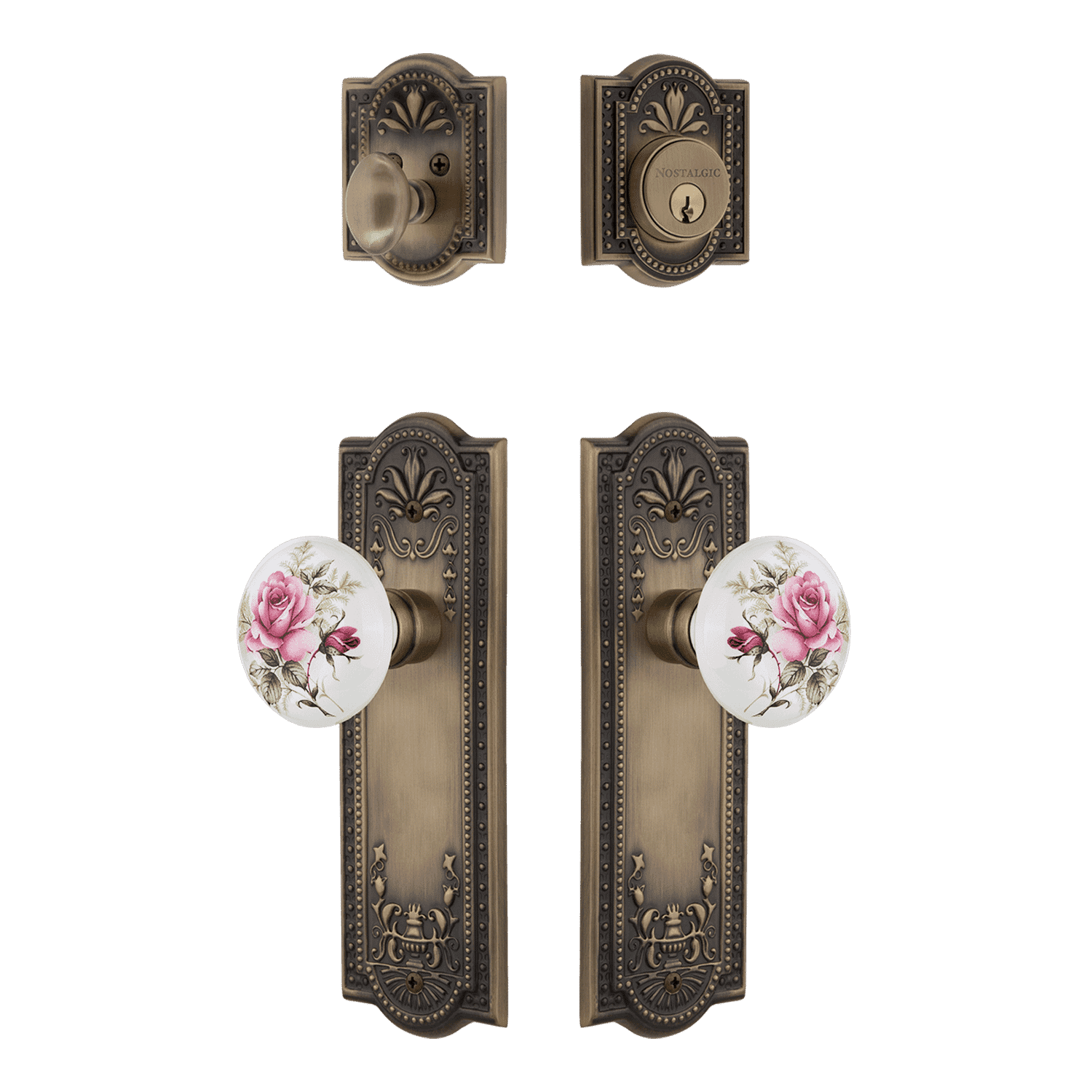 Antique Brass Entry Door Set with White Rose Porcelain Knob - Elegant Vintage Hardware for Front Doors, Bedrooms & Interior Spaces