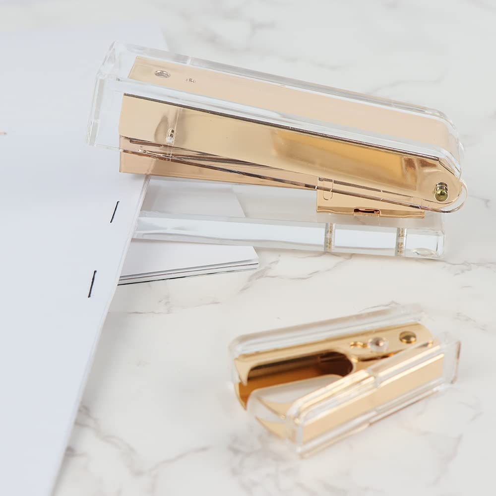 Premium Clear Acrylic Stapler & Staple Remover Set - Dark Gold Executive Office Supplies for Paperwork, Documents & Desk Organization