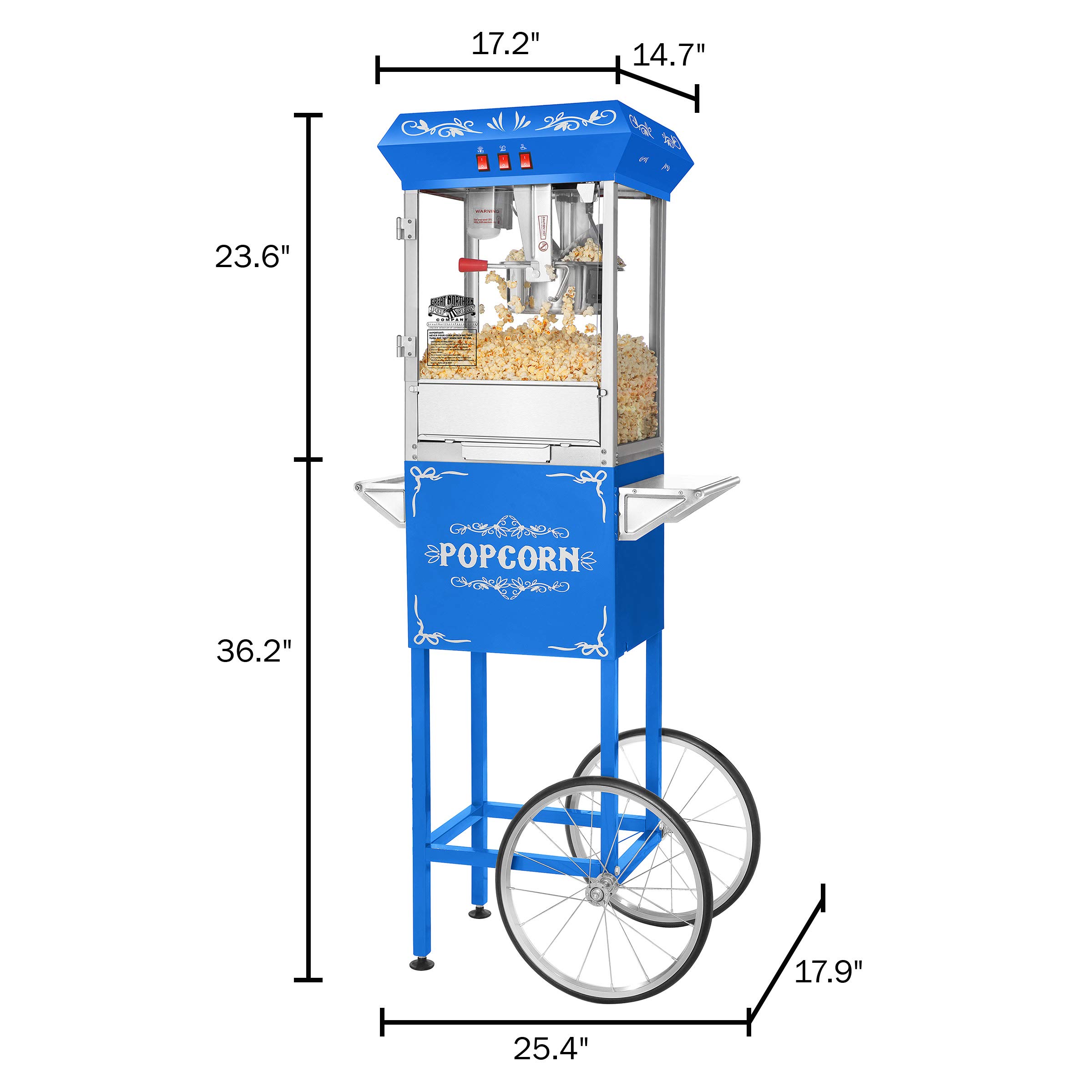 Great Northern Popcorn Commercial 8oz Popcorn Machine with Cart - Stainless Steel Kettle, Warming Light & Accessories - Perfect for Movie Nights, Parties & Concession Stands (Blue)