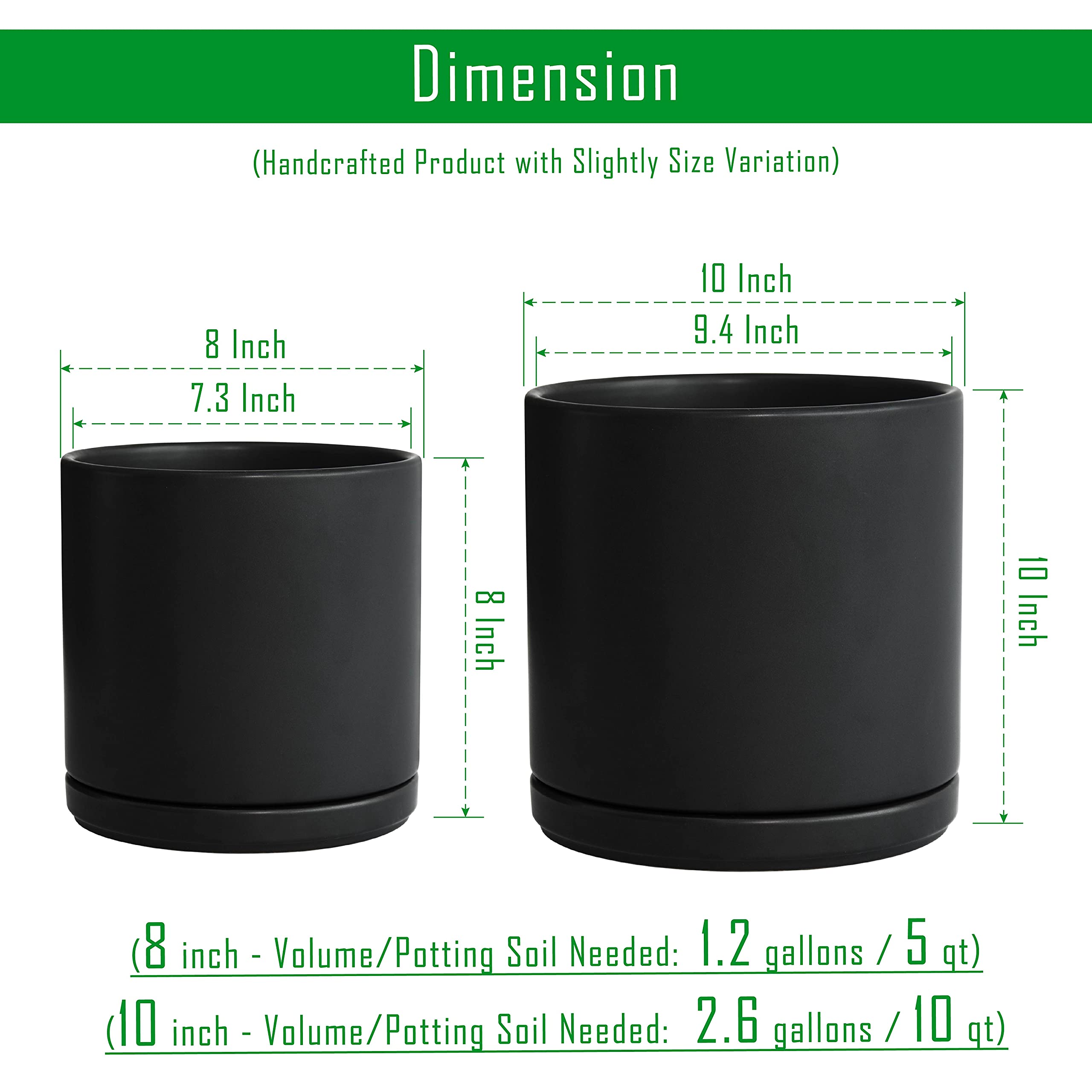 D'vine Dev 8 & 10 Inch Ceramic Plant Pots with Drainage Hole and Saucer - Large Black Flower Planters for Indoor Outdoor Home Garden Decor (Set of 2)