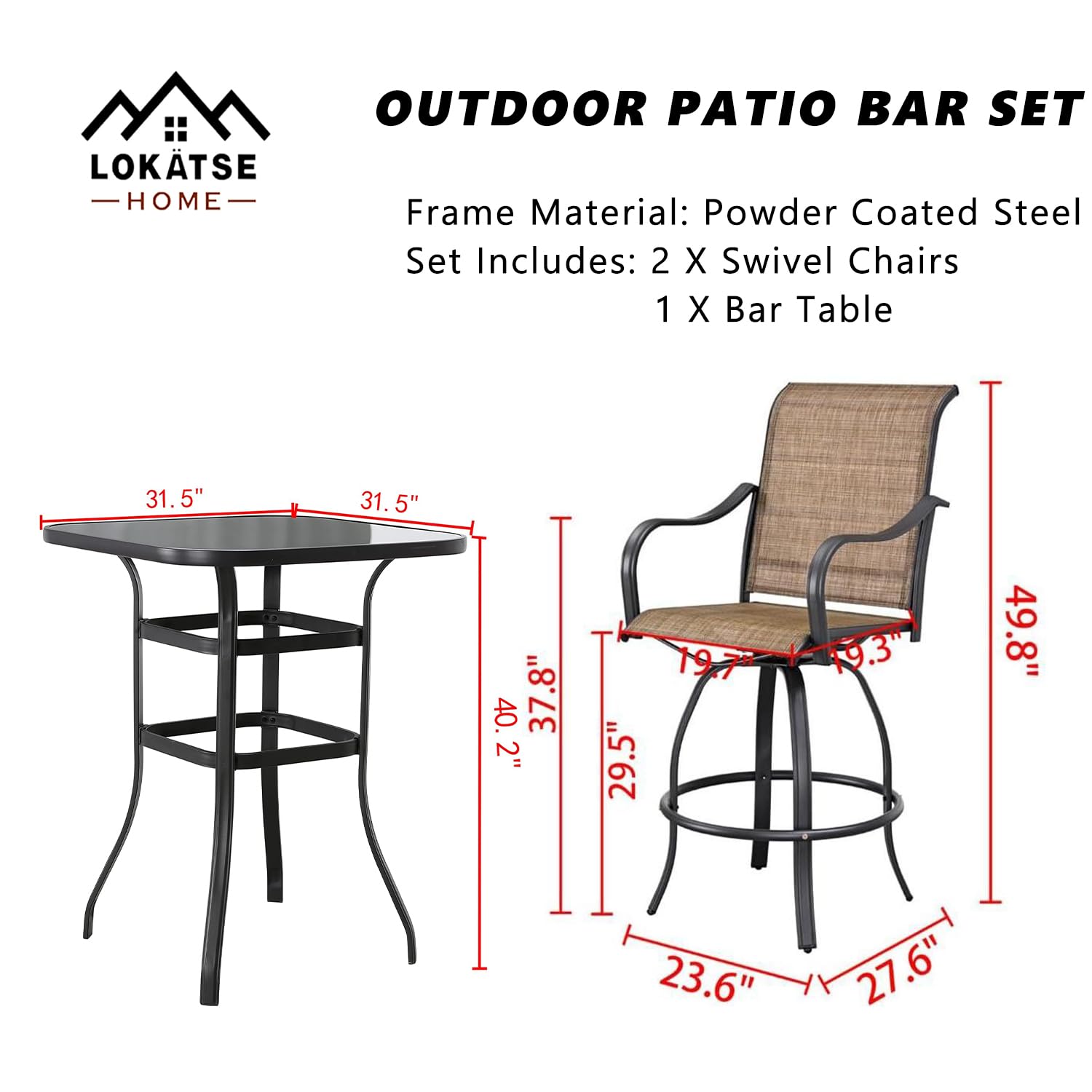LOKATSE HOME 3-Piece Outdoor Bar Set with Table and 2 Chairs, Patio Bistro Set, Bar Height Counter Table and Stools - Perfect for Backyard, Garden, Deck, and Poolside Relaxation