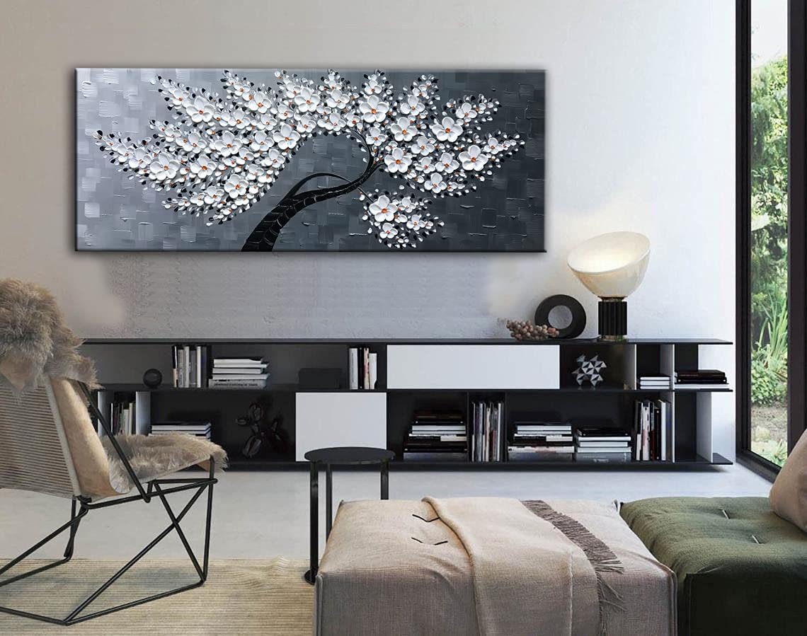 JELRINR Handmade Original Large Contemporary Oil Painting on Canvas - White Flower Tree Abstract Wall Art for Living Room Decor (24x60 Inches) | Perfect for Modern Home, Office & Gallery Display