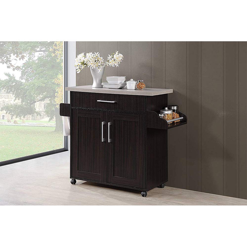 Hodedah Kitchen Island with Spice Rack, Towel Rack & Drawer - Chocolate Finish with Grey Top - Perfect for Small Kitchens, Pantry Organization & Extra Counter Space