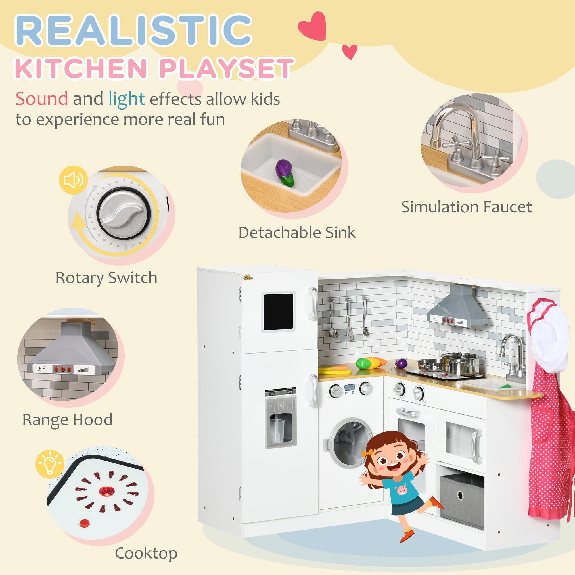 **Large Wooden Play Kitchen Set for Kids Ages 3-6 – Interactive Corner Kitchen with Sound Effects, Spacious Countertop, Washing Machine, Food Toys & Ice Maker – Perfect for Pretend Play, Birthday Gifts & Daycare Fun (White)**