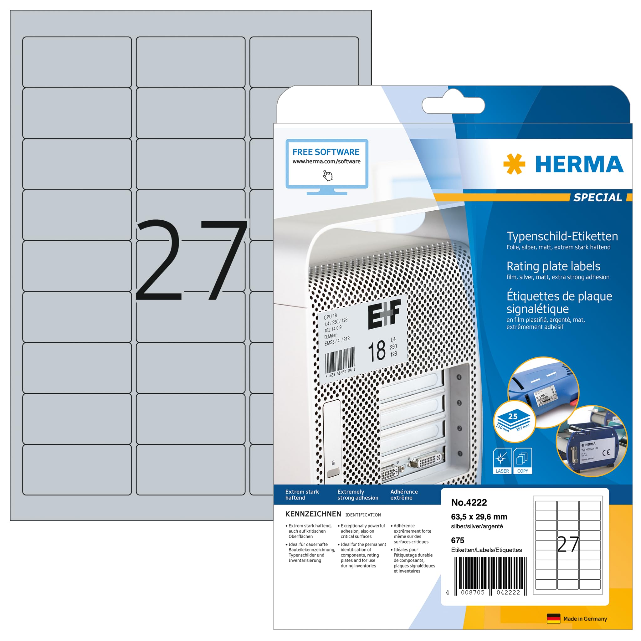 HERMA Self Adhesive Name Plate Labels - 675 Weatherproof Stickers (63.5x29.6mm) for Laser & Inkjet Printers - Silver Metallic Film - 25 A4 Sheets (27 Labels per Sheet) - Perfect for Office Organization, Equipment Labeling & Industrial Use