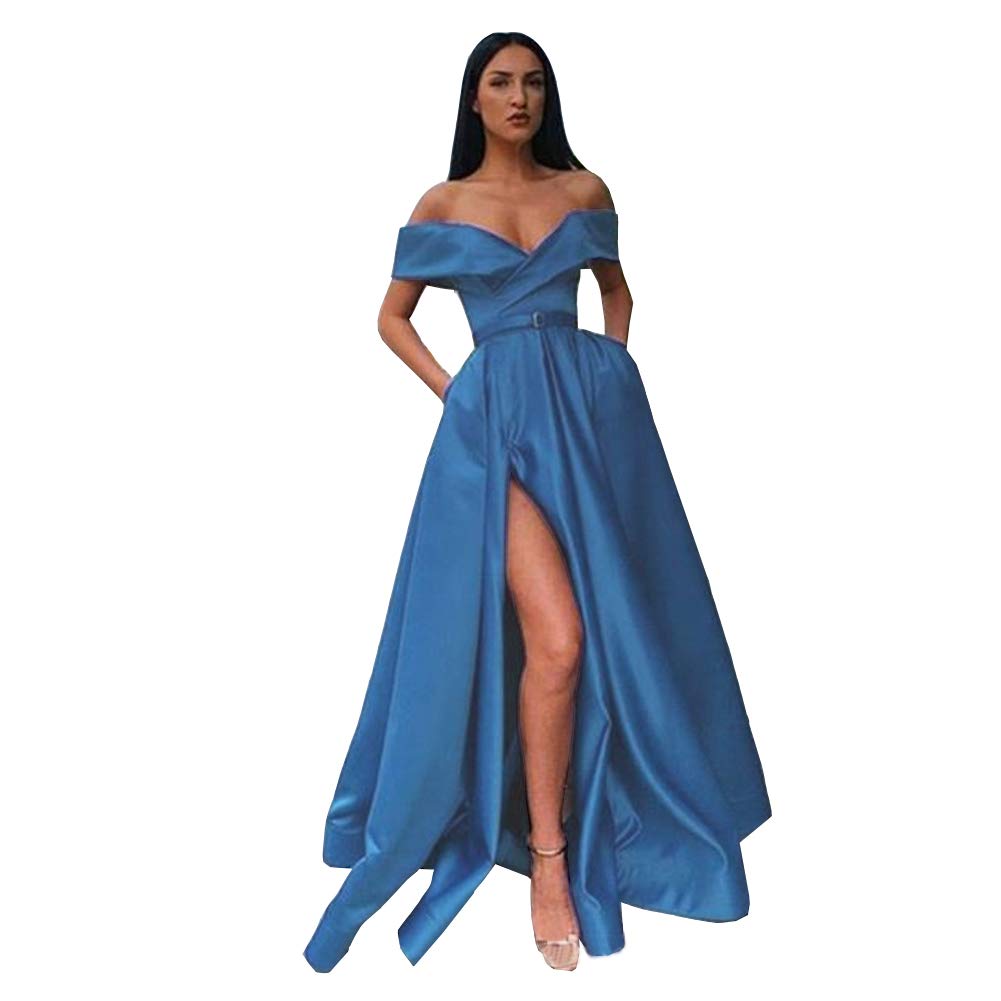 Emanni Women's Off Shoulder Long Side Slit Satin Prom Dress - A-Line Evening Gown for Formal Party, Homecoming, Wedding Guest - Royal Blue