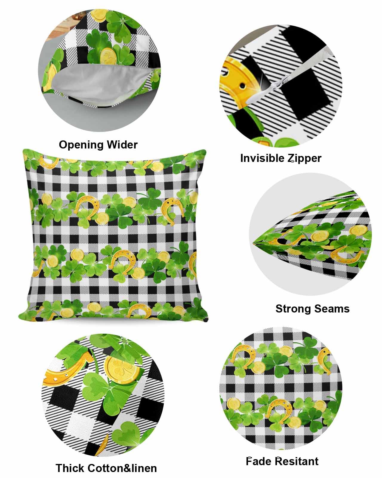 St. Patrick's Day Lucky Clover Pillow Covers 16x16 Inch Set of 2 - Rustic Linen Decorative Square Throw Pillow Covers with Buffalo Plaid Design - Perfect for Patio, Sofa, Couch & Bedroom Decor