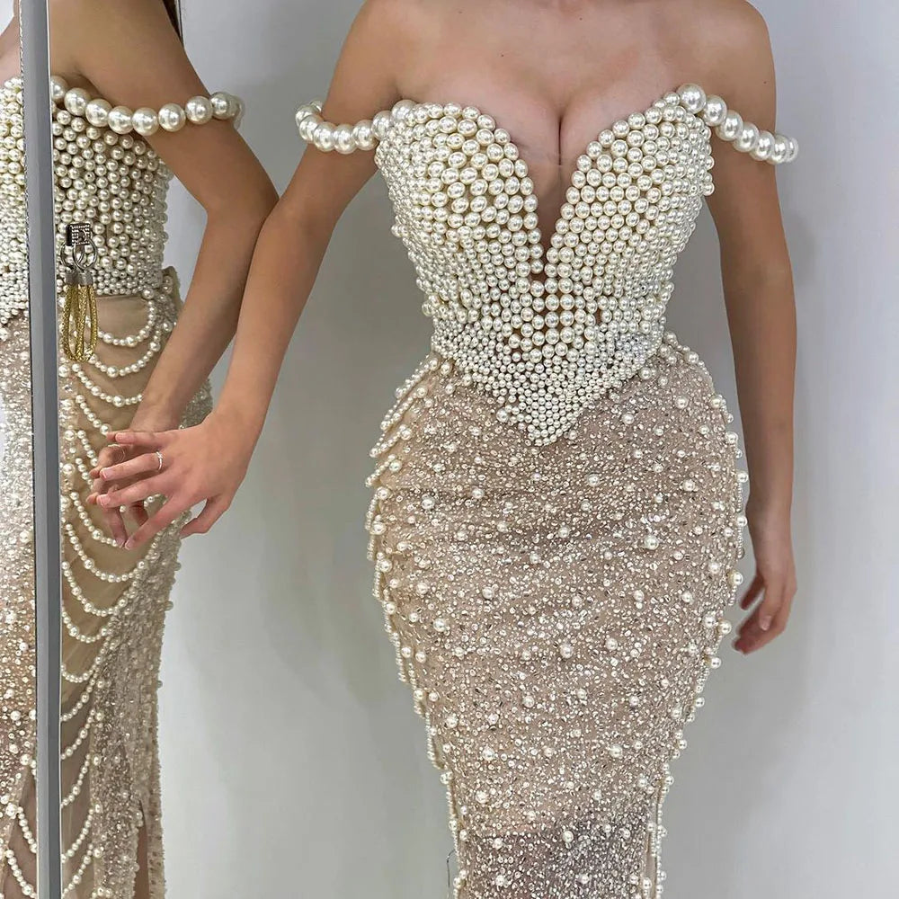 Elegant Nude Spaghetti Strap Mermaid Evening Dress with Beaded Pearls - Luxury Dubai Wedding Gown for Women - Perfect for Bridal Party, Prom, Red Carpet & Formal Events - LA72393