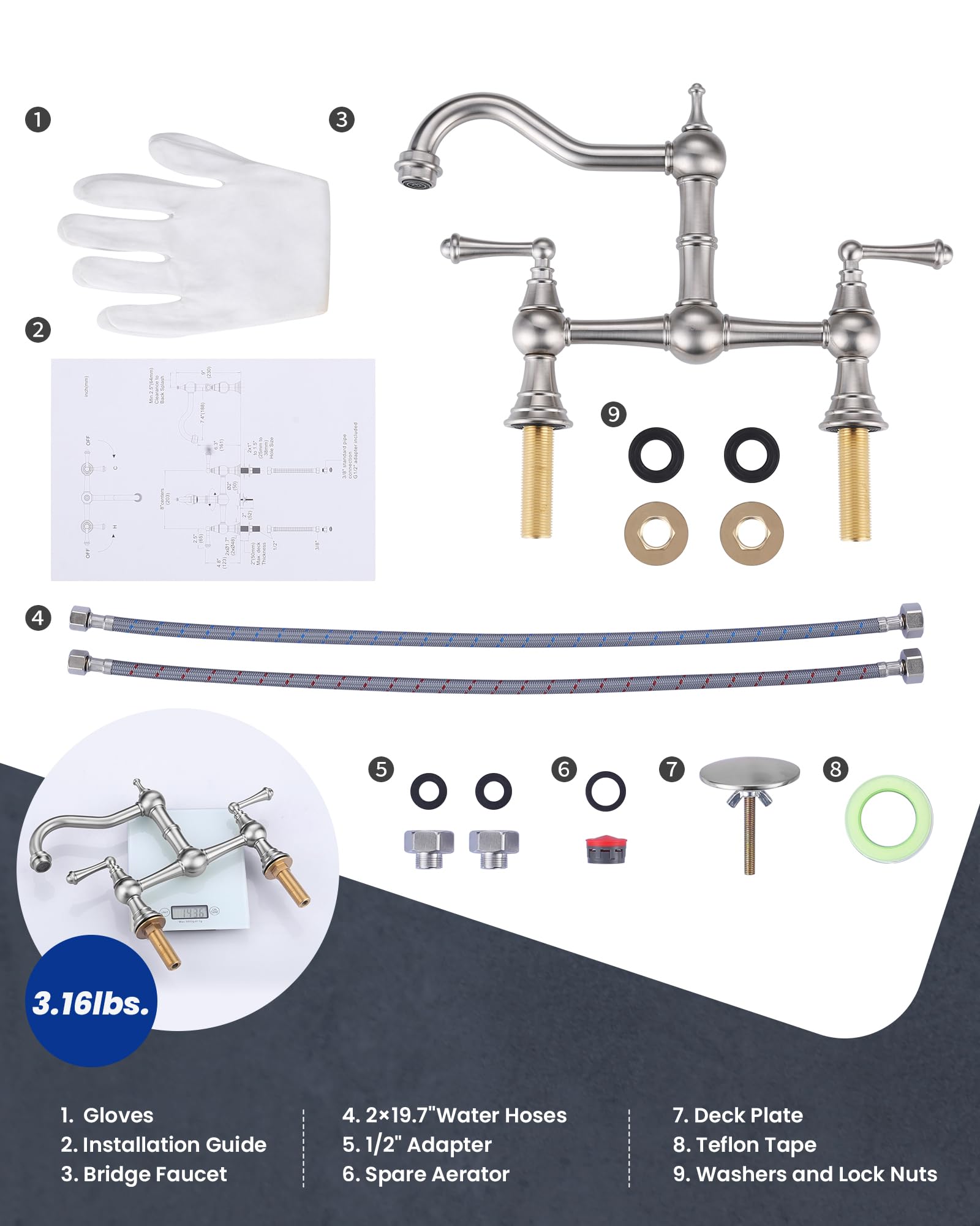 WOWOW 8-inch Centerset Deck Mount Kitchen Faucet - Solid Brass Construction, Brushed Nickel Finish - Compatible with 2 or 3 Hole Sinks - Perfect for Kitchen, RV, Laundry & Bar Use