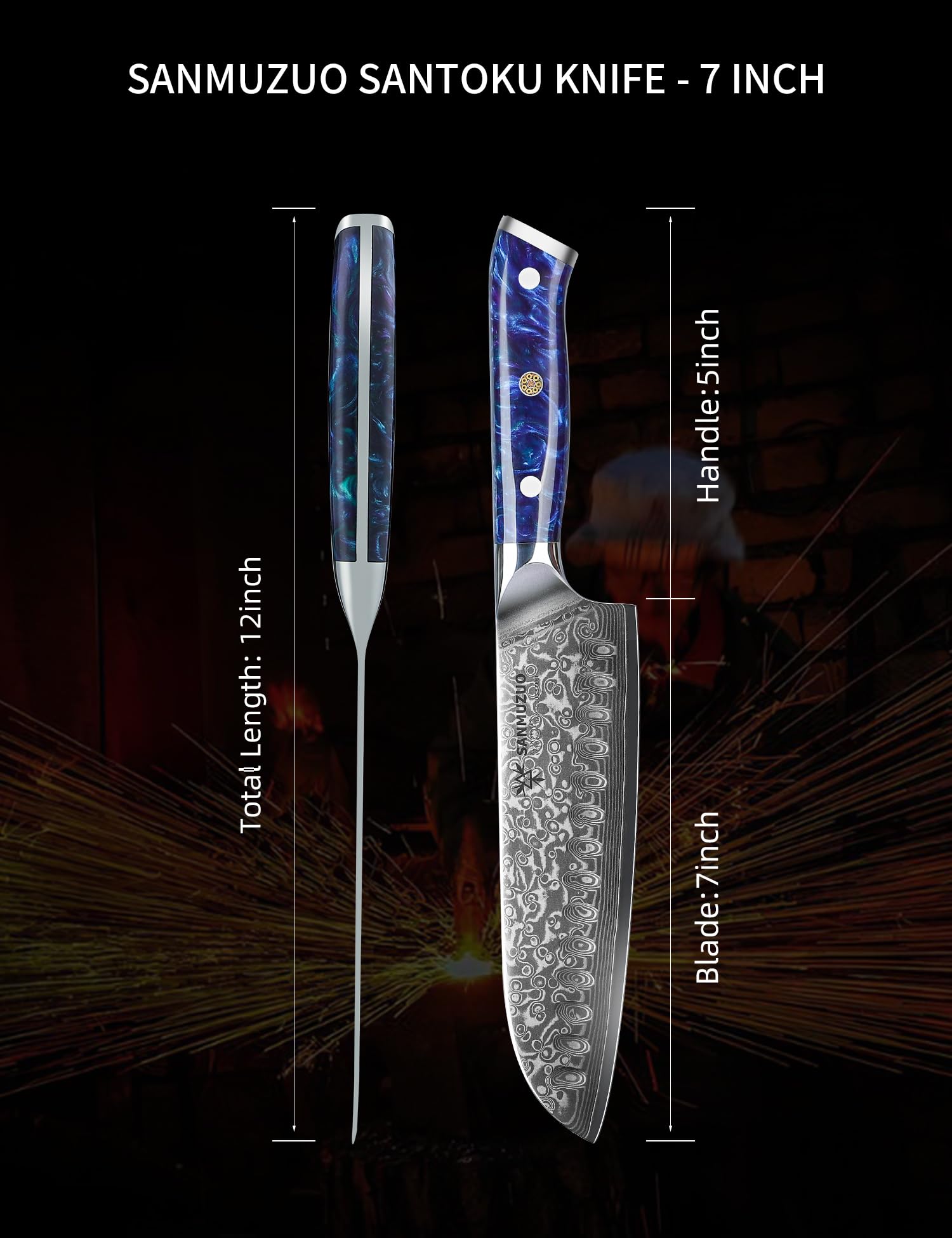 7 Inch Santoku Knife - Xuan Series VG10 Damascus Steel Kitchen Knife with Resin Handle (Sapphire Blue) - Perfect for Slicing, Dicing & Chopping Vegetables, Meat & Fish - Ideal for Home Chefs & Cooking Enthusiasts