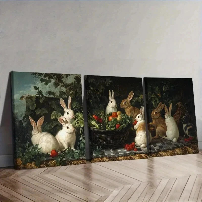 3-Piece Rabbit Farm Wall Art Set - Framed Canvas Prints 50x70cm - High Quality Australian Made Ready to Hang Home Decor for Living Room, Bedroom & Nursery
