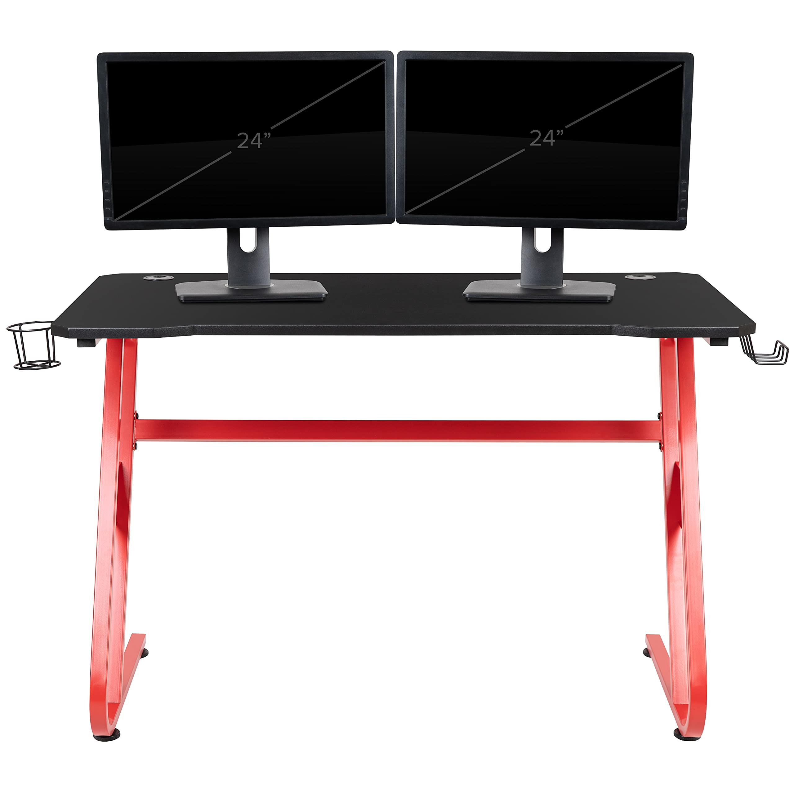 EMMA + OLIVER Gaming Desk Set with Red Desk, Cup Holder, Headphone Hook & Pink Gaming Chair - Perfect for PC & Console Gaming Setup, Streaming & Home Office