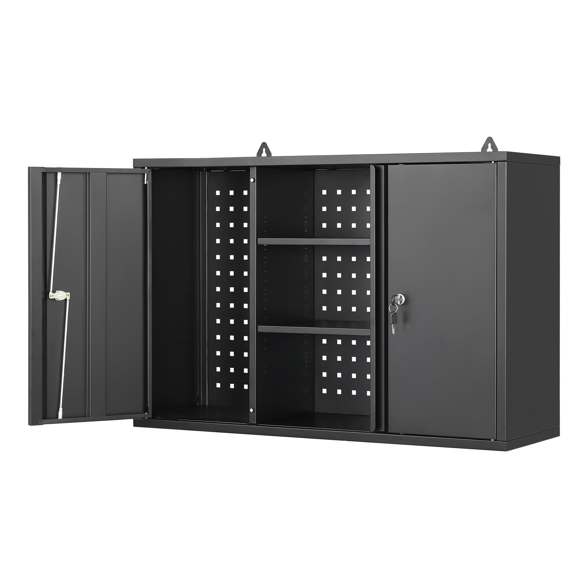 Black Metal Wall Storage Cabinet with Lock - Adjustable Shelves Garage & Kitchen Organizer for Home Workshop - Easy Assembly (23.6''H) | Perfect for Garage Tools, Kitchen Supplies & Workshop Organization