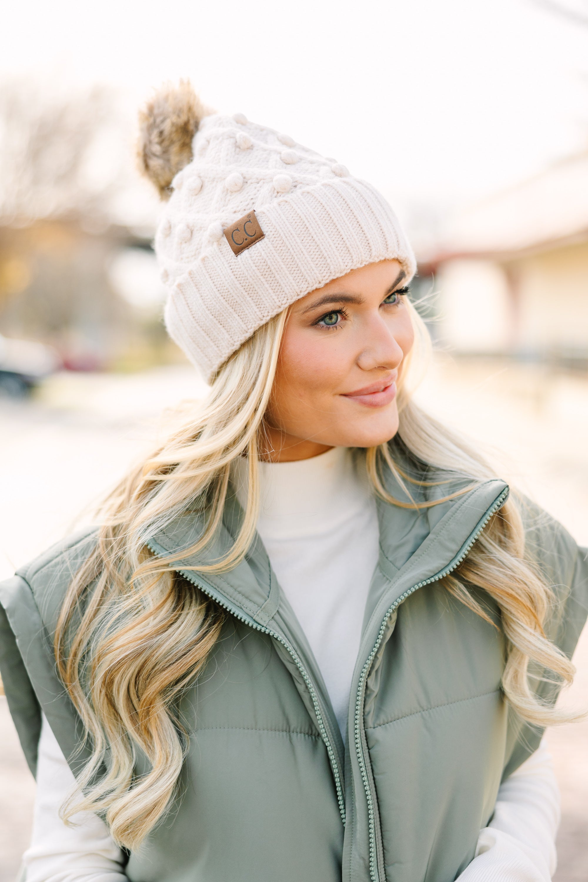 Get Going Beige CC Pompom Beanie - Cozy Winter Hat for Women, Trendy Knit Beanie with Faux Fur Pom, Perfect for Outdoor Activities & Casual Fashion