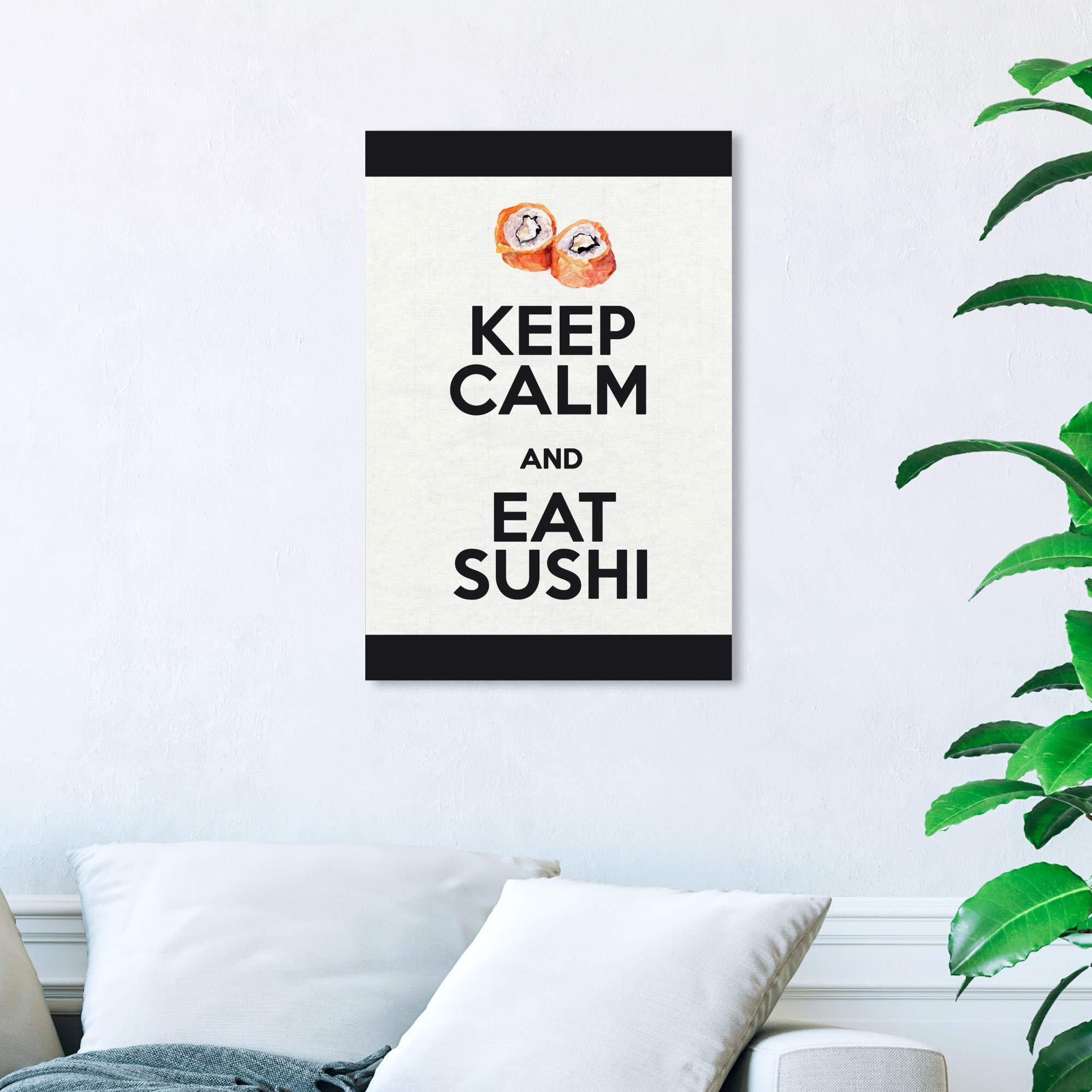 Wynwood Studio 'Eat Sushi Rolls' Canvas Wall Art Print - 16x24 Inch Modern Japanese Food Decor for Kitchen, Dining Room & Restaurant - Pink and White Framed Home Décor