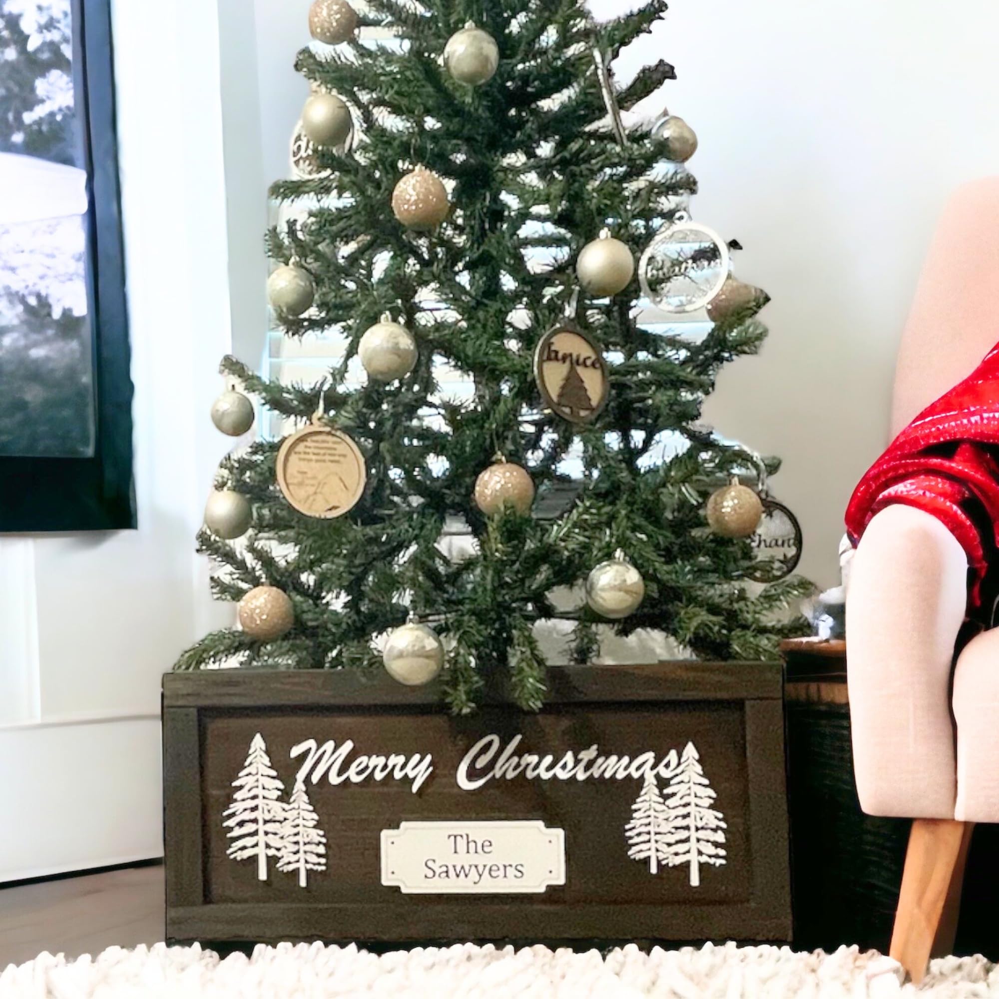 Foldable Christmas Tree Collar Box - Rustic Farmhouse Holiday Decor for Xmas Tree Base | Personalized Collapsible Tree Skirt Alternative | Perfect for Living Room, Porch & Festive Home Decor