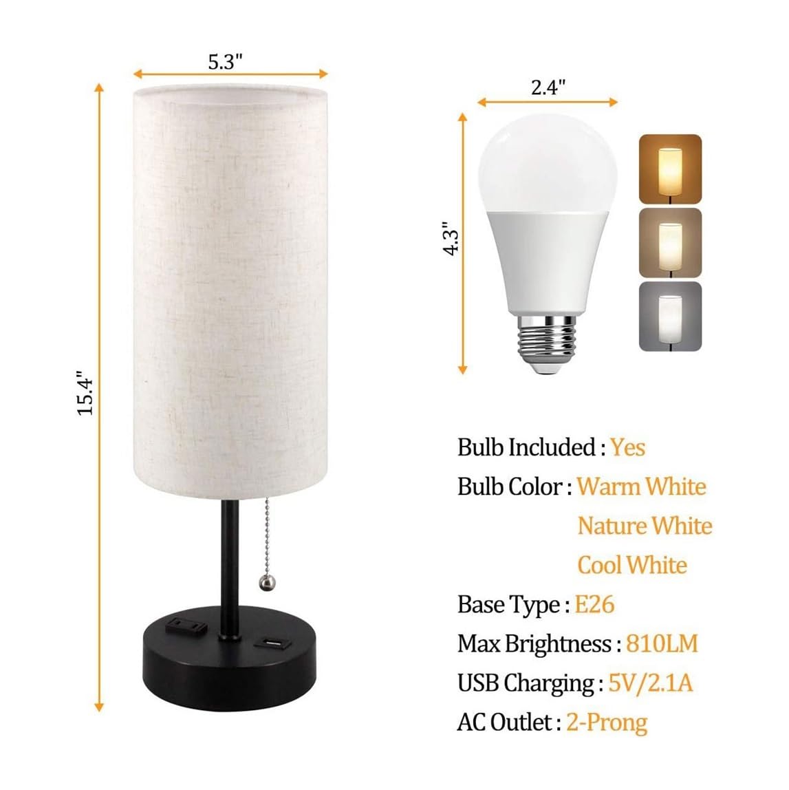 Modern Round Fabric Shade Bedside Table Lamp with 3-Way Dimmable Touch Control, USB-C Charging Port & AC Outlet - Nightstand Lamp for Bedroom, Living Room, Office Desk (Size A2) | Perfect for Reading, Working & Creating Cozy Ambiance