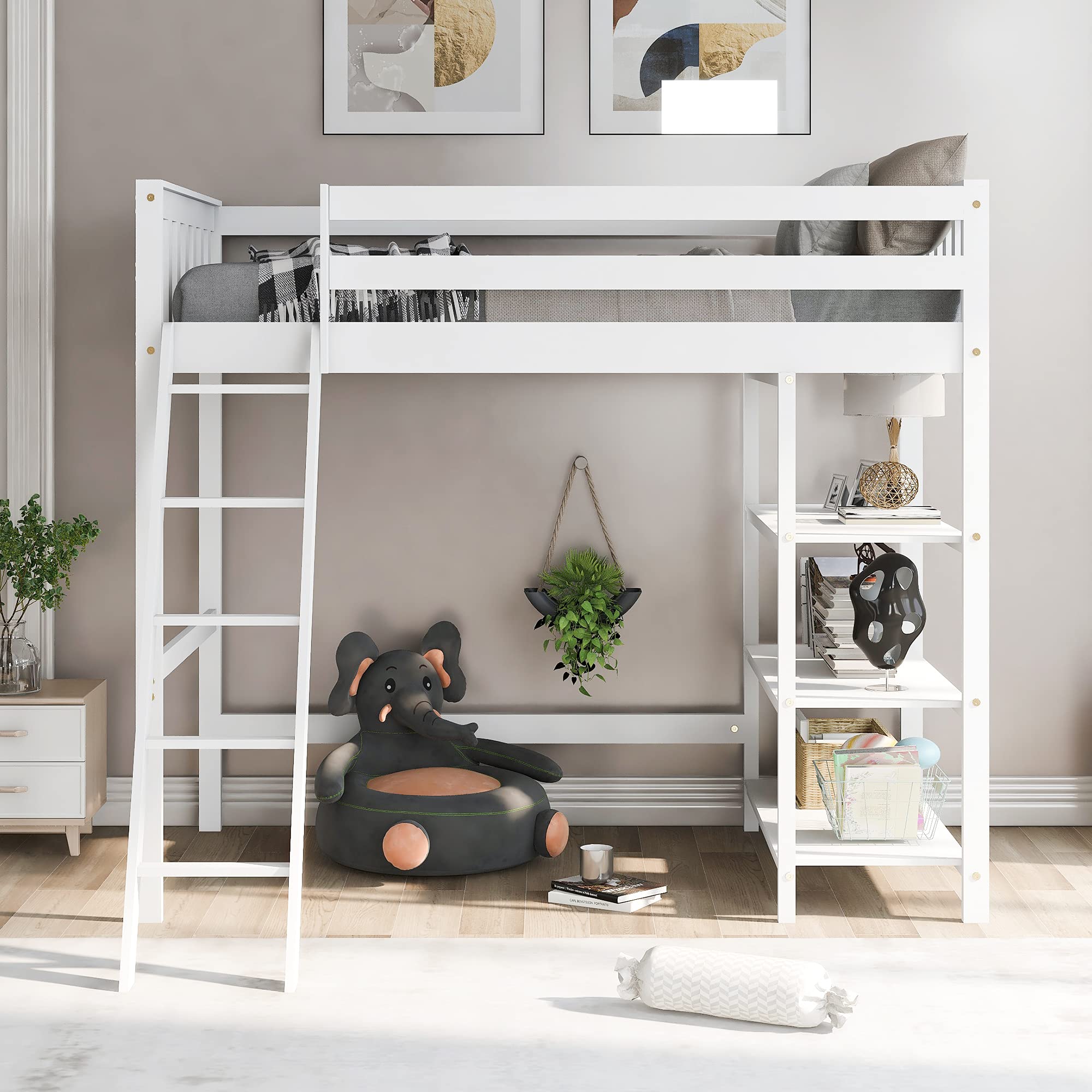 LZ LEISURE ZONE Twin Loft Bed with Storage Shelves & Ladder - Solid Wood Twin Size Loft Bed Frame, No Box Spring Needed - Space-Saving Kids & Teens Bedroom Furniture (White)