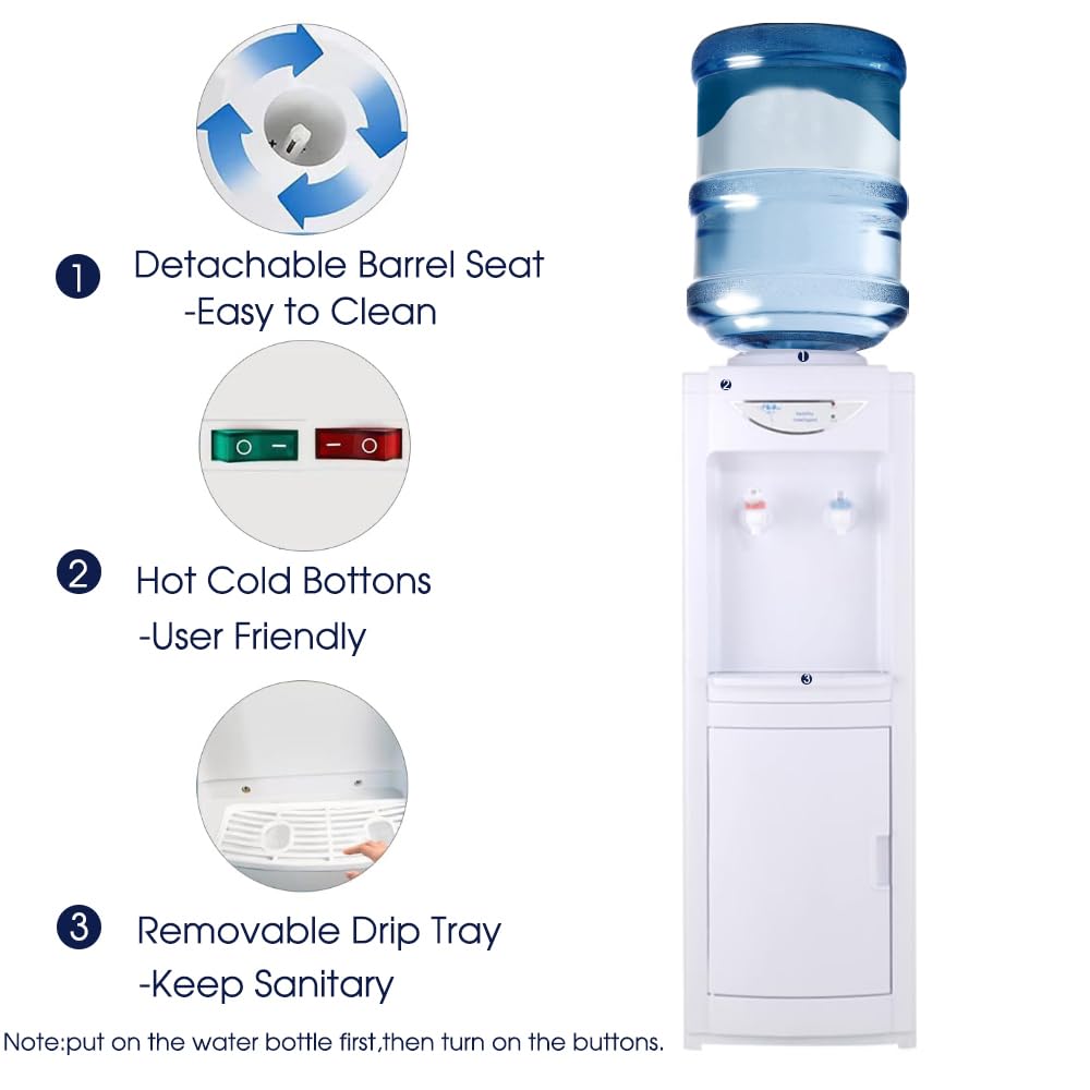 5 Gallon Hot & Cold Top Loading Water Dispenser with Child Safety Lock - Removable Drip Tray & Storage Cabinet - White Water Cooler for Home & Office Use - Perfect for Kitchens, Break Rooms & Waiting Areas