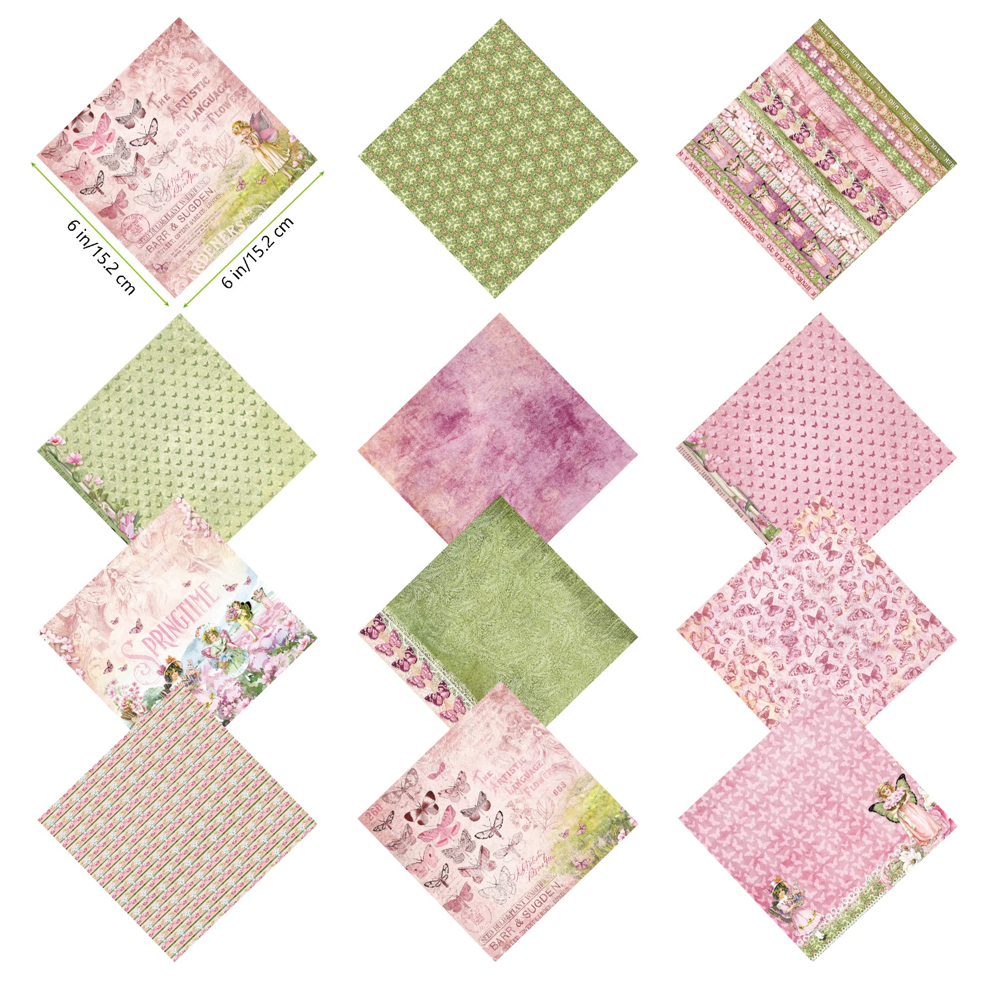 6x6 Floral Scrapbook Paper Pack - 48 Sheets Butterfly Pattern Cardstock, 12 Spring Designs, Single-Sided Specialty Craft Paper for DIY Cards, Journals, Scrapbooking (Green/Pink) - Perfect for Spring Crafts, Wedding Invitations & Home Decor
