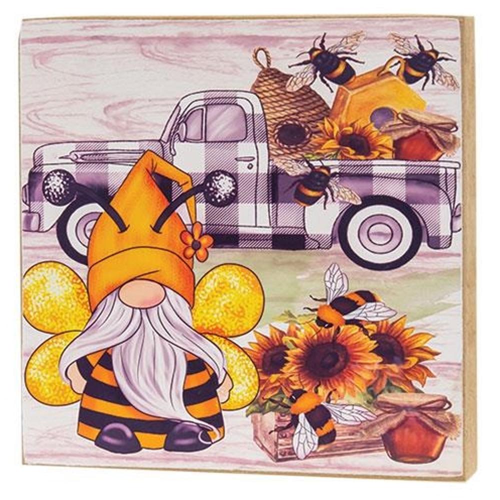 Bumblebee Gnome with Buffalo Check Truck Square Block - Cute Garden Decor for Outdoor & Indoor Use - Perfect for Patio, Lawn, and Home Decoration