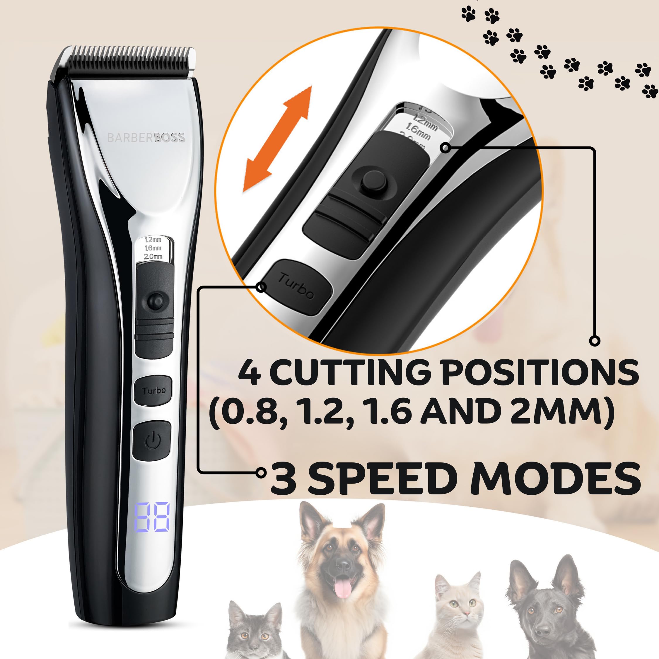 Professional BarberBoss Dog Clipper for Thick & Fluffy Hair - Cordless Pet Grooming Kit with Cat Trimmer QR-9086 | Perfect for Home Grooming, Professional Salons & Pet Spa Days
