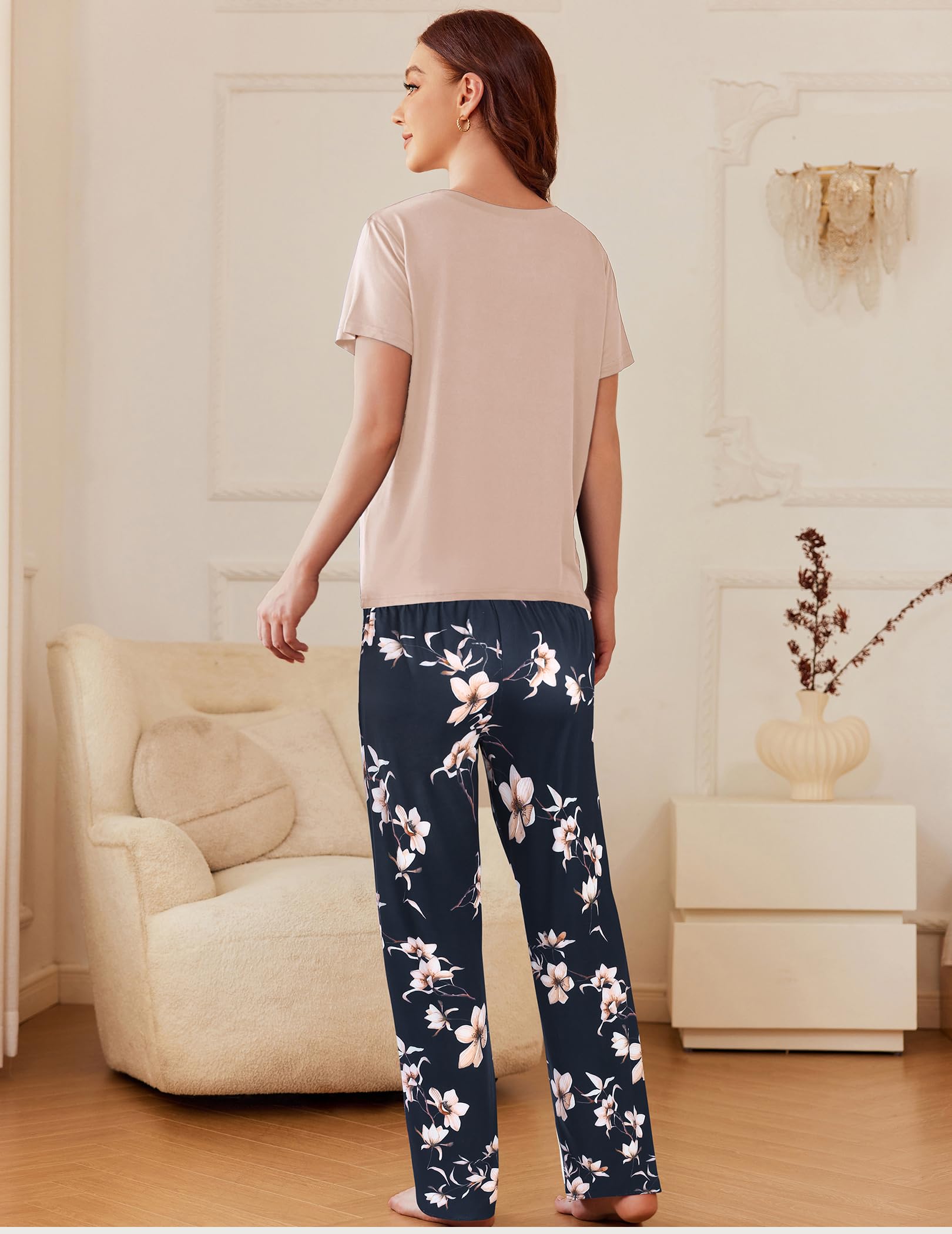 Ekouaer Women's 2-Pack Pajama Sets - Short Sleeve Sleepwear Top & Pants 4-Piece Lounge Set with Pockets | Soft & Comfortable for Nightwear, Loungewear, and Home Relaxation